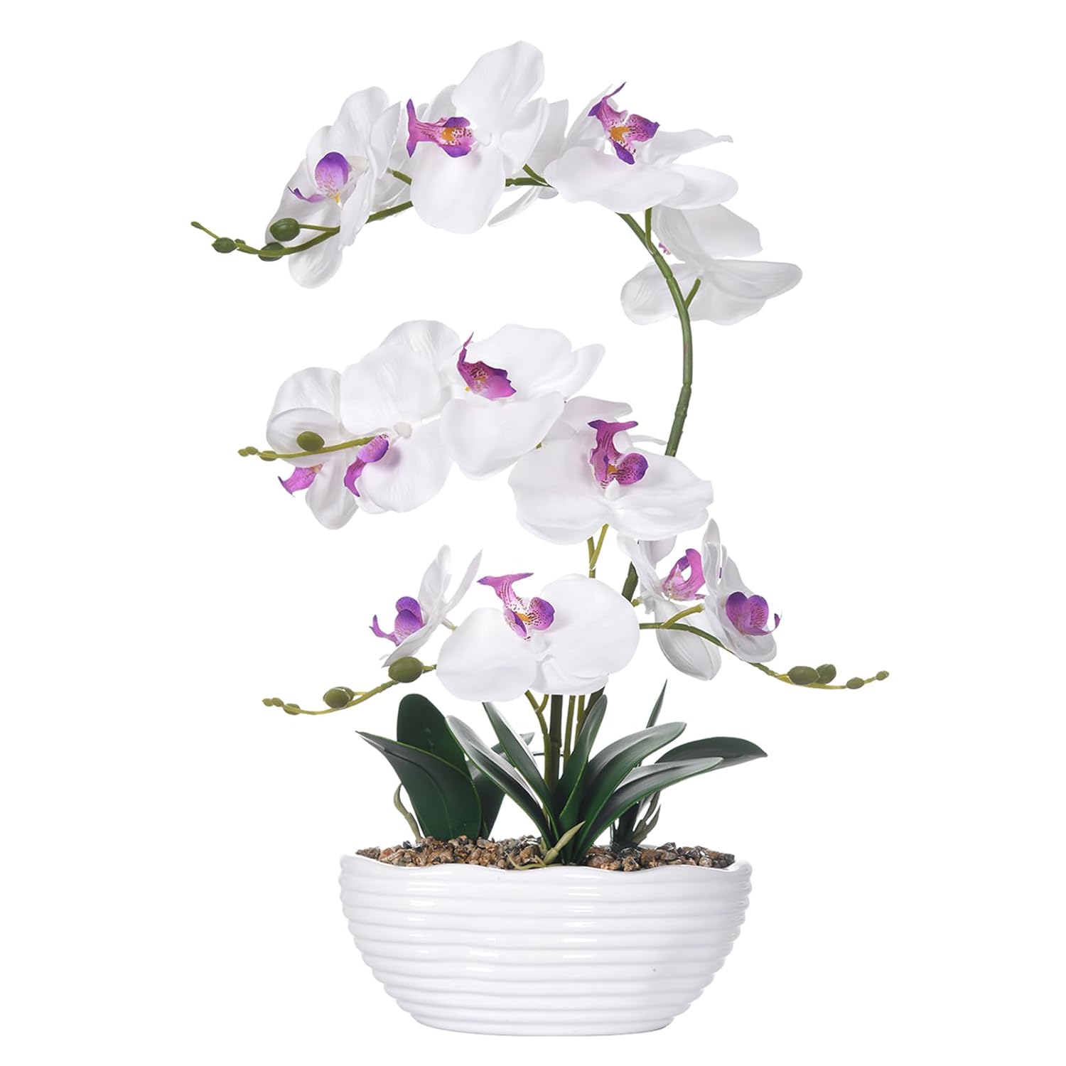 19" H Phalaenopsis Faux Orchid Plant Silk Orchid Centerpiece Artificial Floral Arrangement In Ceramic Pot (White)