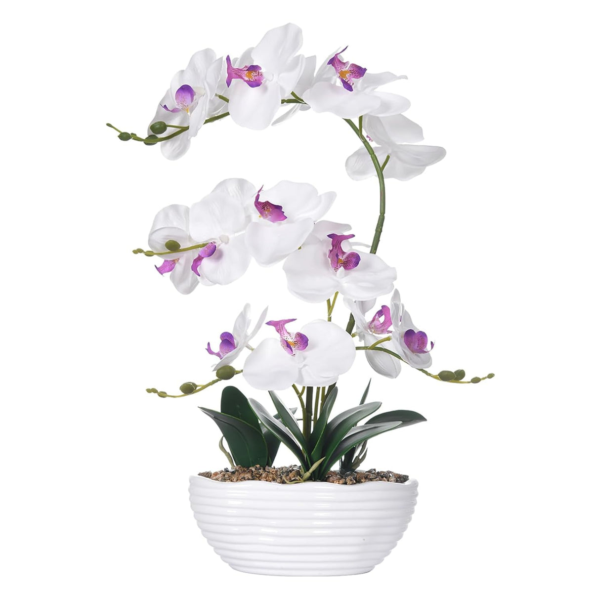19" H Phalaenopsis Faux Orchid Plant Silk Orchid Centerpiece Artificial Floral Arrangement In Ceramic Pot (White)