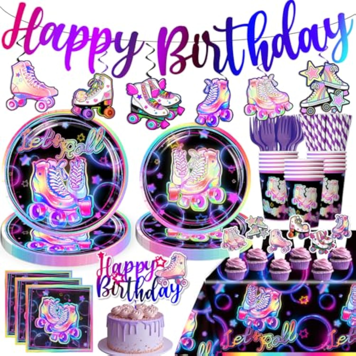 189Pcs Roller Skating Party Supplies Tableware Set, Roller Skate Party Decorations Include Banner Plates Napkins Cups Tablecloth For Birthday Party, Birthday Decorations For Girl
