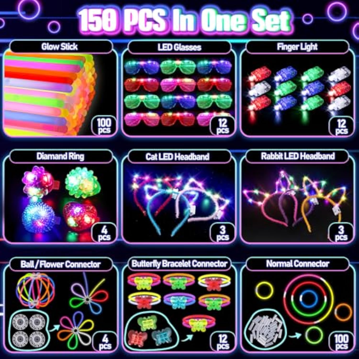 150Pcs Glow In The Dark Party Supplies For Kids Adults, Light Up Party Favors With Light Up Glasses, Headband, Rings, 100 Glow Sticks Bulk Party Pack Diy Glow Necklaces Bracelets, Neon Party Supplies