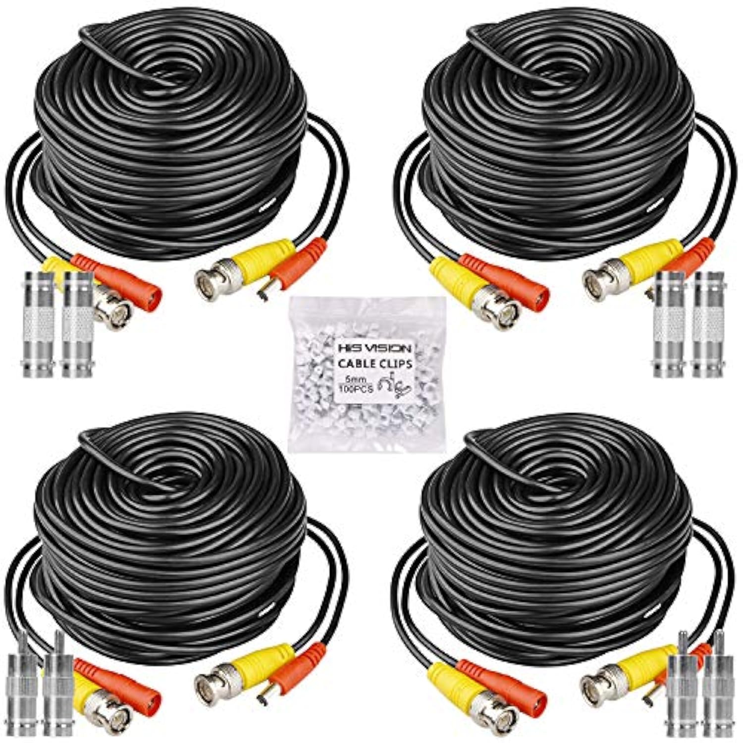 4 Pack 30M/100Ft All-In-One Bnc Video Power Cables, Extension Surveillance Camera Cables For Cctv Security Dvr System Installation, Free 8Pcs Bnc Connectors And 100Pcs Cable Clips (Black)