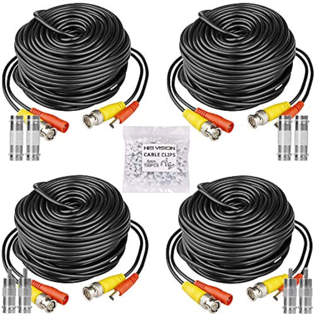 4 Pack 30M/100Ft All-In-One Bnc Video Power Cables, Extension Surveillance Camera Cables For Cctv Security Dvr System Installation, Free 8Pcs Bnc Connectors And 100Pcs Cable Clips (Black)