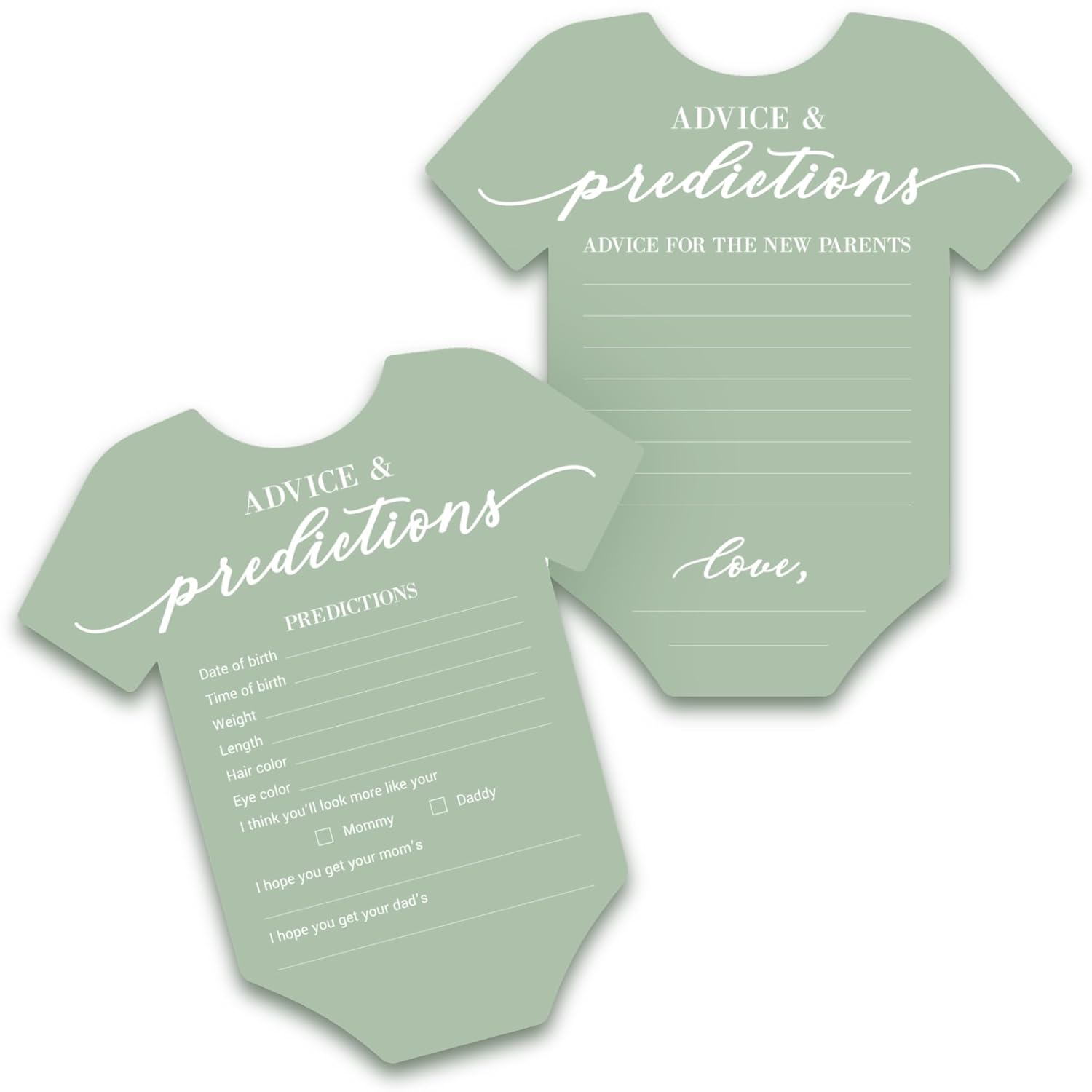 Baby Shower Advice & Prediction Cards - For 50 Guests - Green Onesie Double Sided Advice + Predictions Cards - Minimalist Gender Neutral Baby Shower Decorations & Games For Boys & Girls - (Set Of 50)