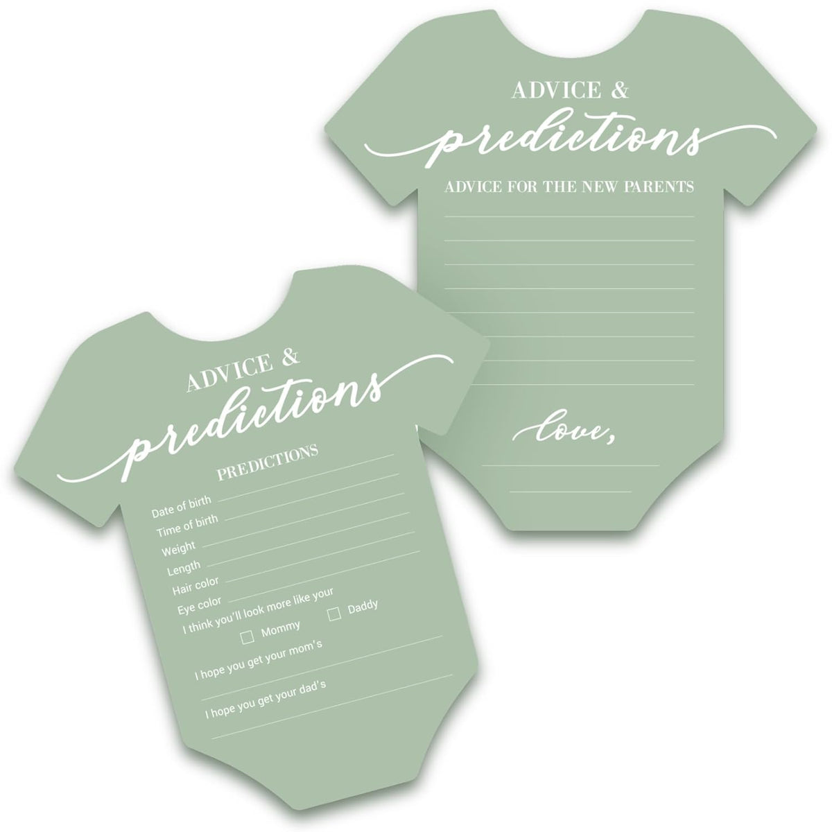 Baby Shower Advice & Prediction Cards - For 50 Guests - Green Onesie Double Sided Advice + Predictions Cards - Minimalist Gender Neutral Baby Shower Decorations & Games For Boys & Girls - (Set Of 50)