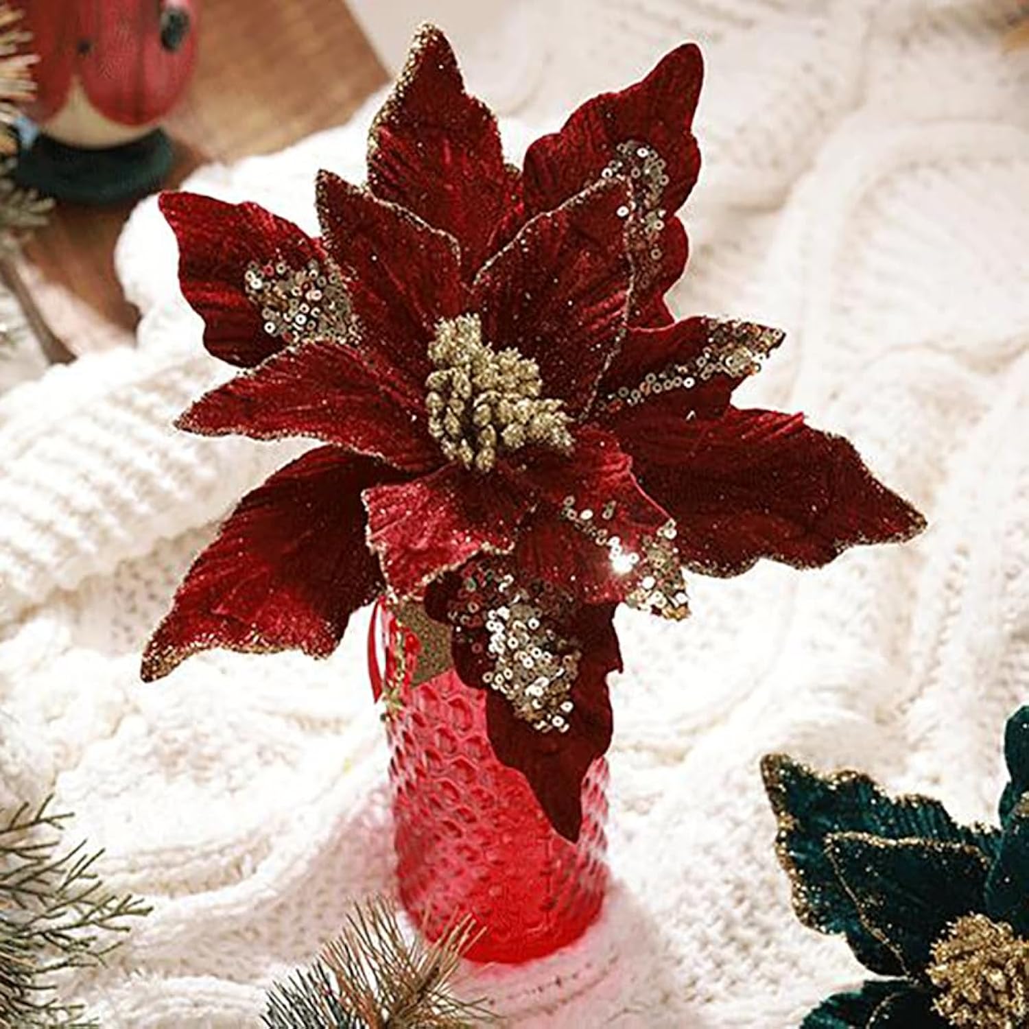 6 Pcs Christmas Poinsettia Artificial Flowers Shining Glitter Artificial Flower For Xmas Tree Wreath Ornaments New Year Wedding Party Holiday Diy Decoration, Burgundy
