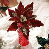 6 Pcs Christmas Poinsettia Artificial Flowers Shining Glitter Artificial Flower For Xmas Tree Wreath Ornaments New Year Wedding Party Holiday Diy Decoration, Burgundy