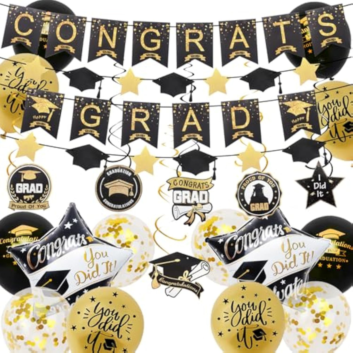 Graduation Decorations Class Of 2025, 12Pcs Black And Gold Balloons With Swirl And Garland Congrats Grad 2025 Banner For College High School Graduation Party Supplies