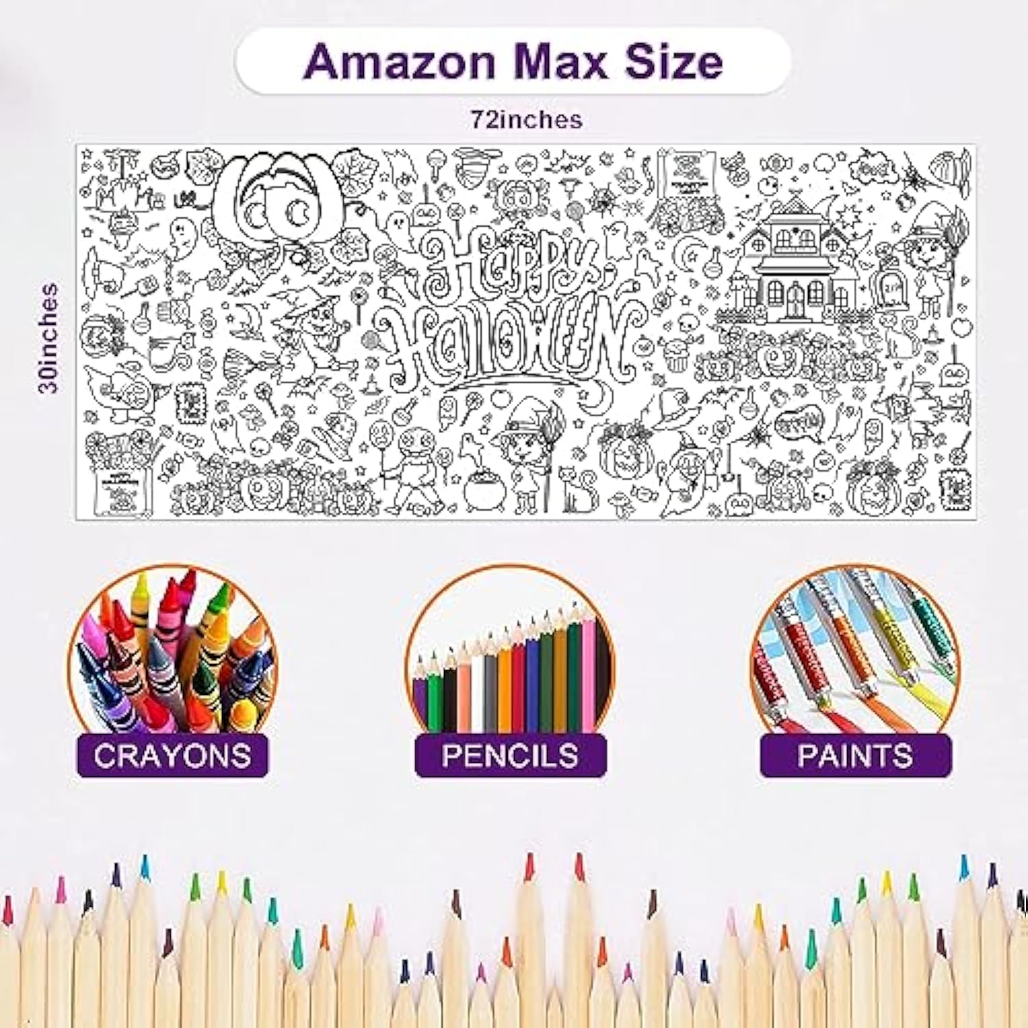 Halloween Giant Coloring Poster 30x72in Jumbo Paper Tablecloth Banner Kids Crafts Party Decor