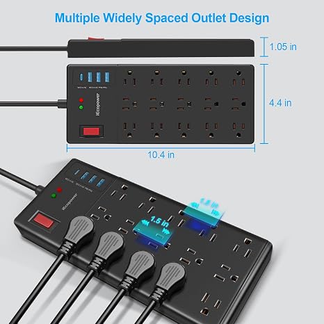 Black Surge Protector Power Strip with 10FT Cord 15 Widely Spaced Outlets and USB Ports