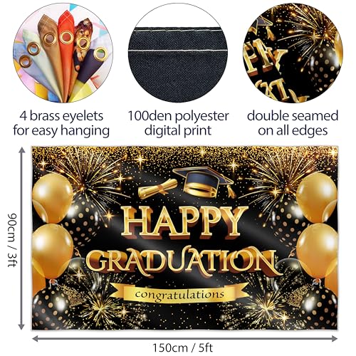 Happy Graduation Banner for Prom - Congratulations Banner - Congratulations Decorations - Well Done - We Are So Proud of You - 5x3ft (Black & Gold)