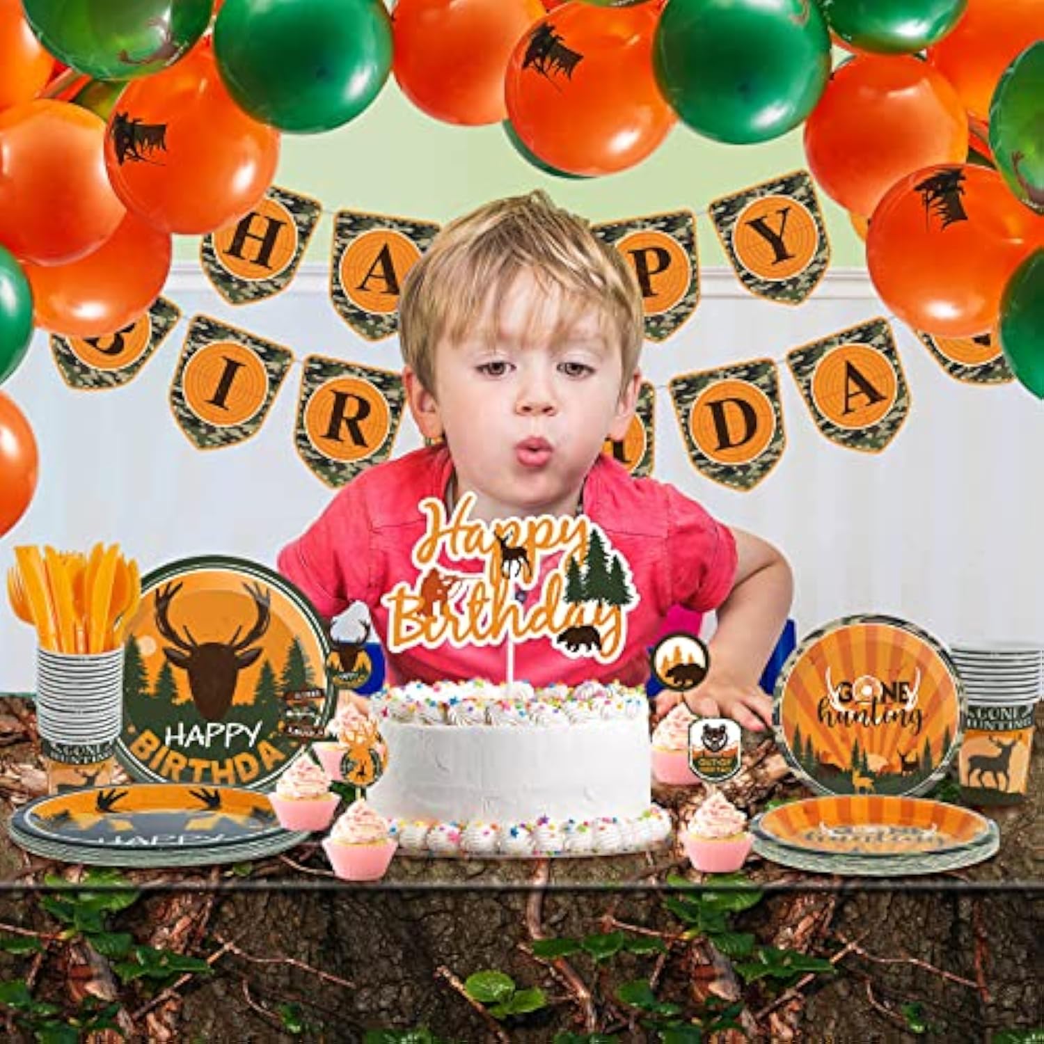 165 Pcs Hunting Birthday Party Decorations Camo Deer Birthday Banner Hunting Tablecloths Camo Disposable Dinnerware Tableware For 16 Guests Deer Camouflage Balloons Cake Cupcake Topper
