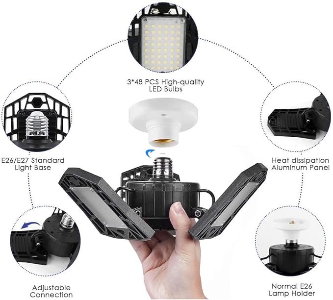 LED Garage Light 6000 Lumen 6500K Daylight 60W Three Leaf Ceiling Light for Garage Workshop