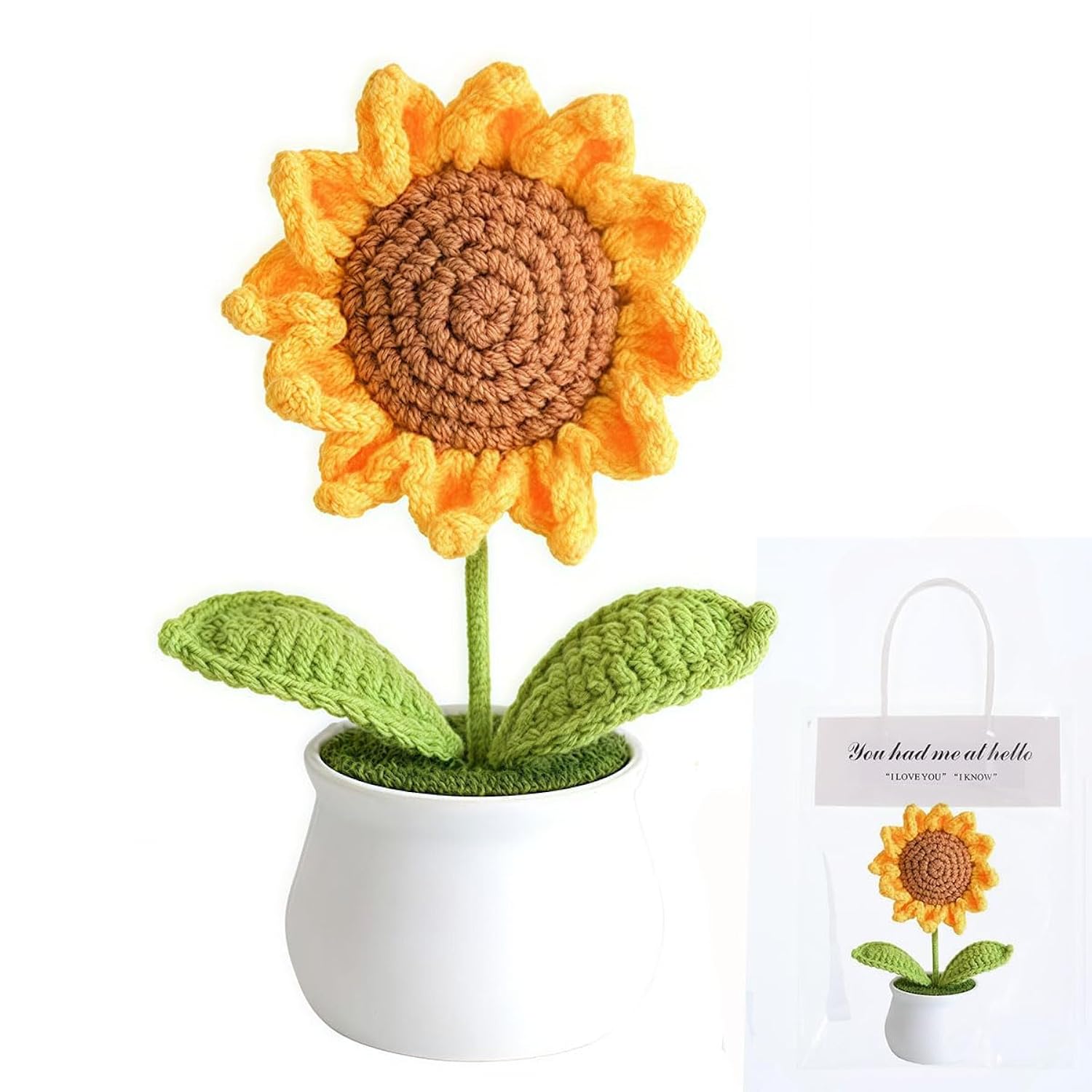 Crochet Flowers Artifical Sunflower For Office Desk Car Dashboard Decor Motivational Gifts For Women Handmade Knitted Flowers Birthday Christmas Party Home Decoration (Sunflower)