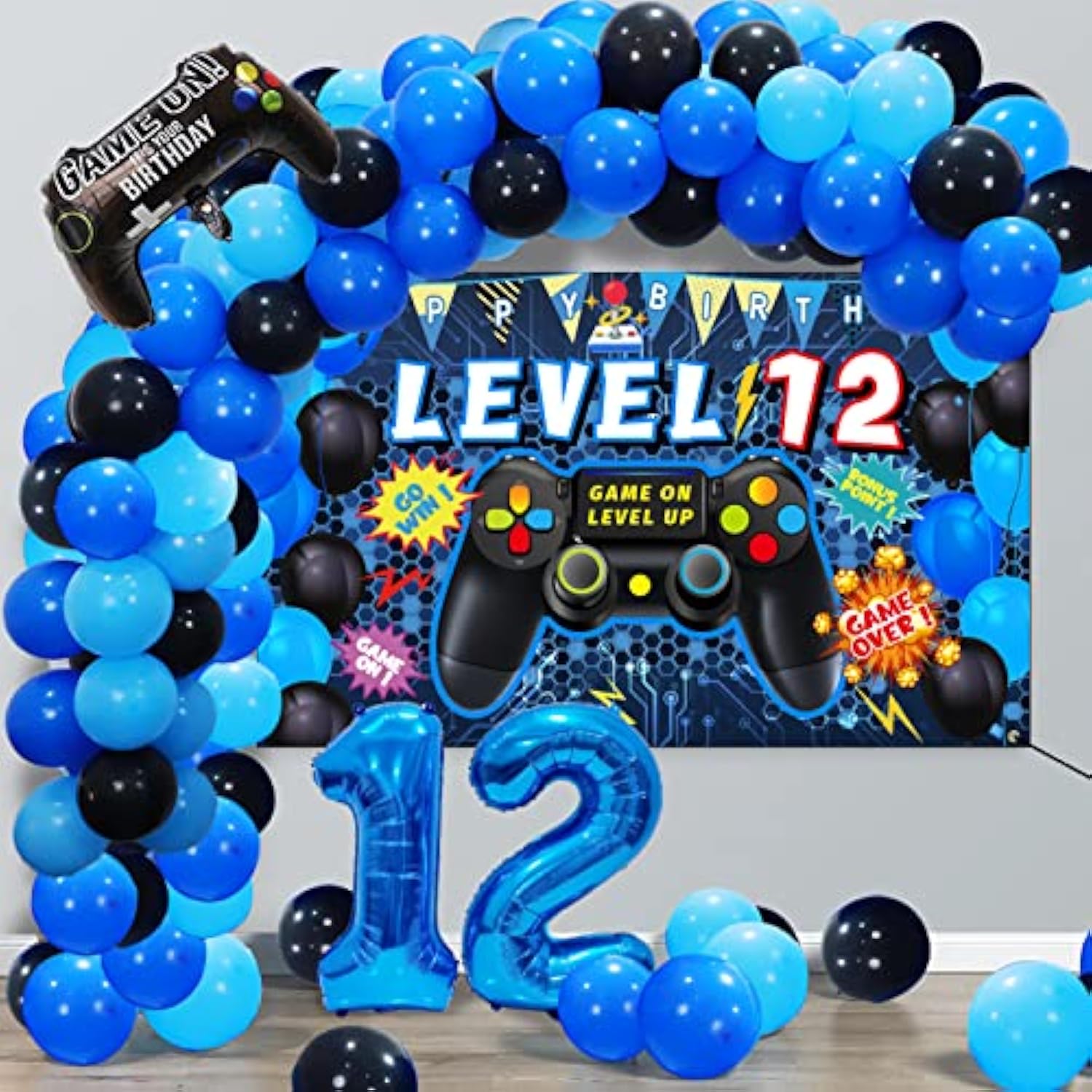90PCS Video Game Party Decorations – Blue Gamer 12th Birthday Set with Balloons, Backdrop & Tablecloth
