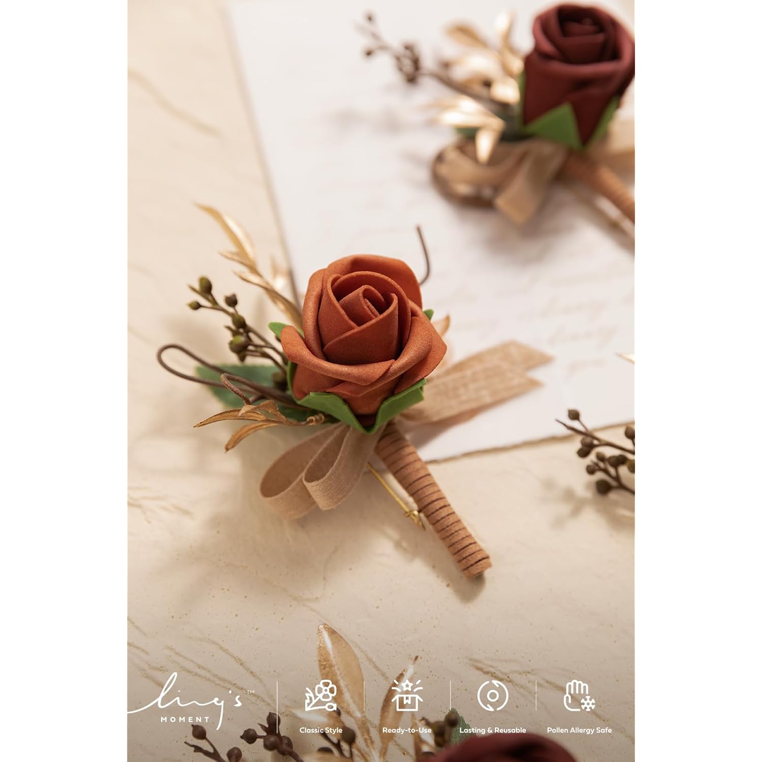 Boutonniere For Men, 6Pcs Groom Groomsmen Boutonniere, Artificial Flowers For Wedding Decor/Prom/Homecoming, Etc.Terracotta Orange