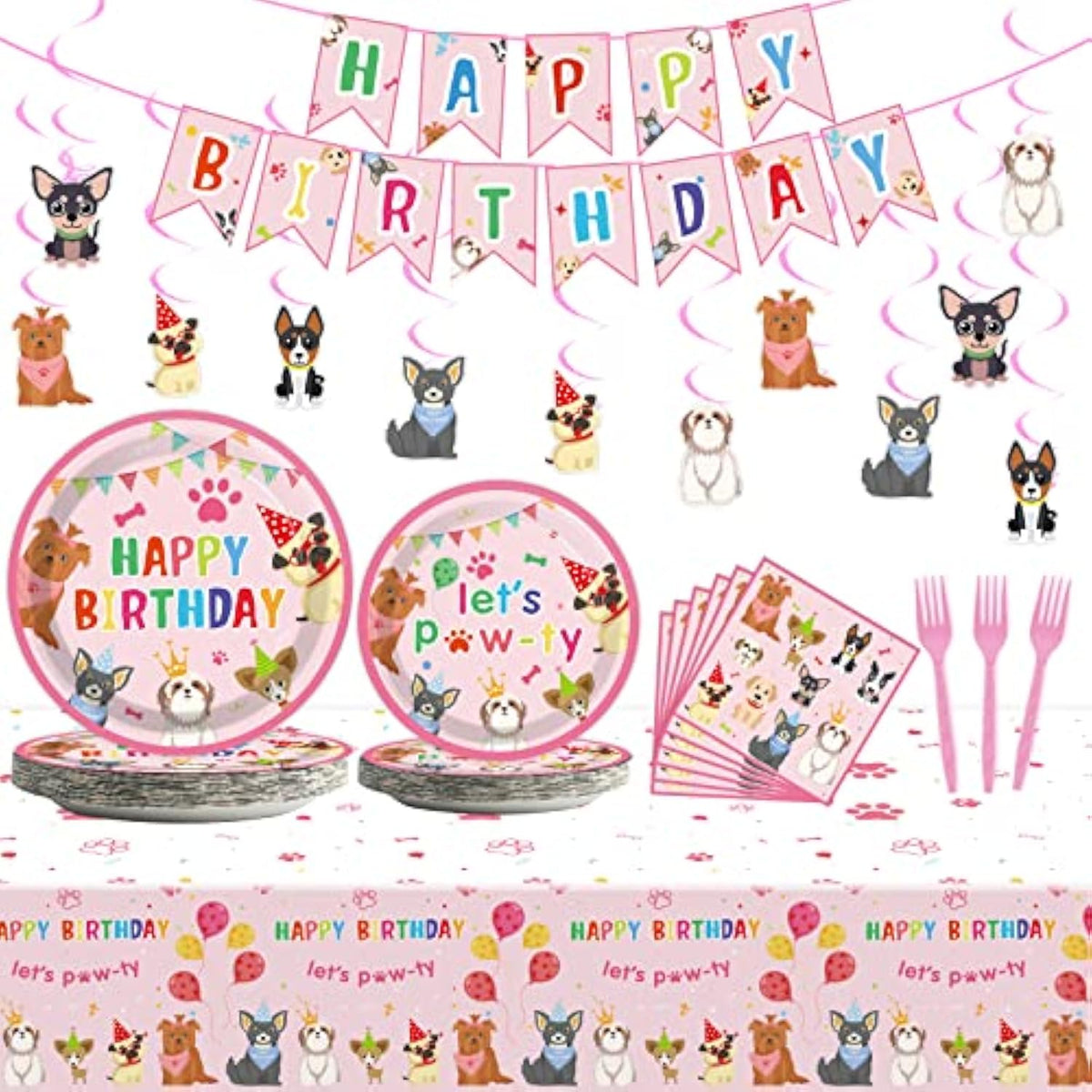 Pink Dog Party Decorations Set: Tableware, Balloons, Banner - 168 Piece