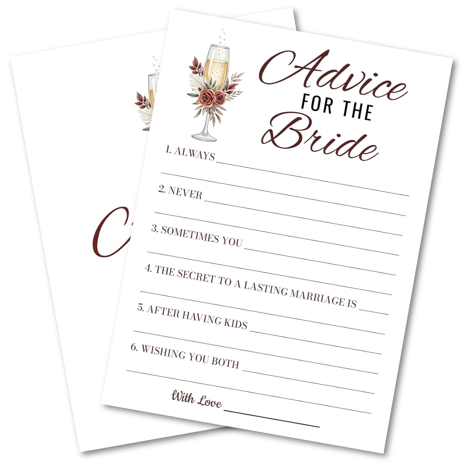 Bridal Shower Party Game Cards - Advice For The Bride For Wedding Engagement Bachelorette - Rose Champagne Glasses - Romantic Bohemian - 30 Pcs 5X7 Inch Ready To Play Instant Fun White Brown