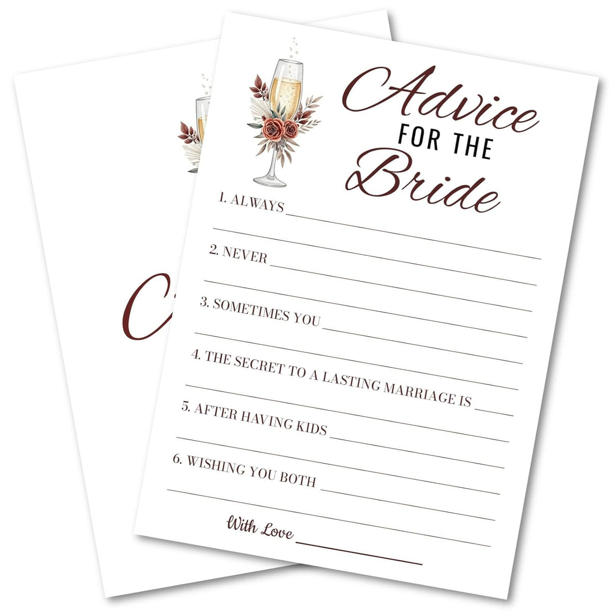 Bridal Shower Party Game Cards - Advice For The Bride For Wedding Engagement Bachelorette - Rose Champagne Glasses - Romantic Bohemian - 30 Pcs 5X7 Inch Ready To Play Instant Fun White Brown