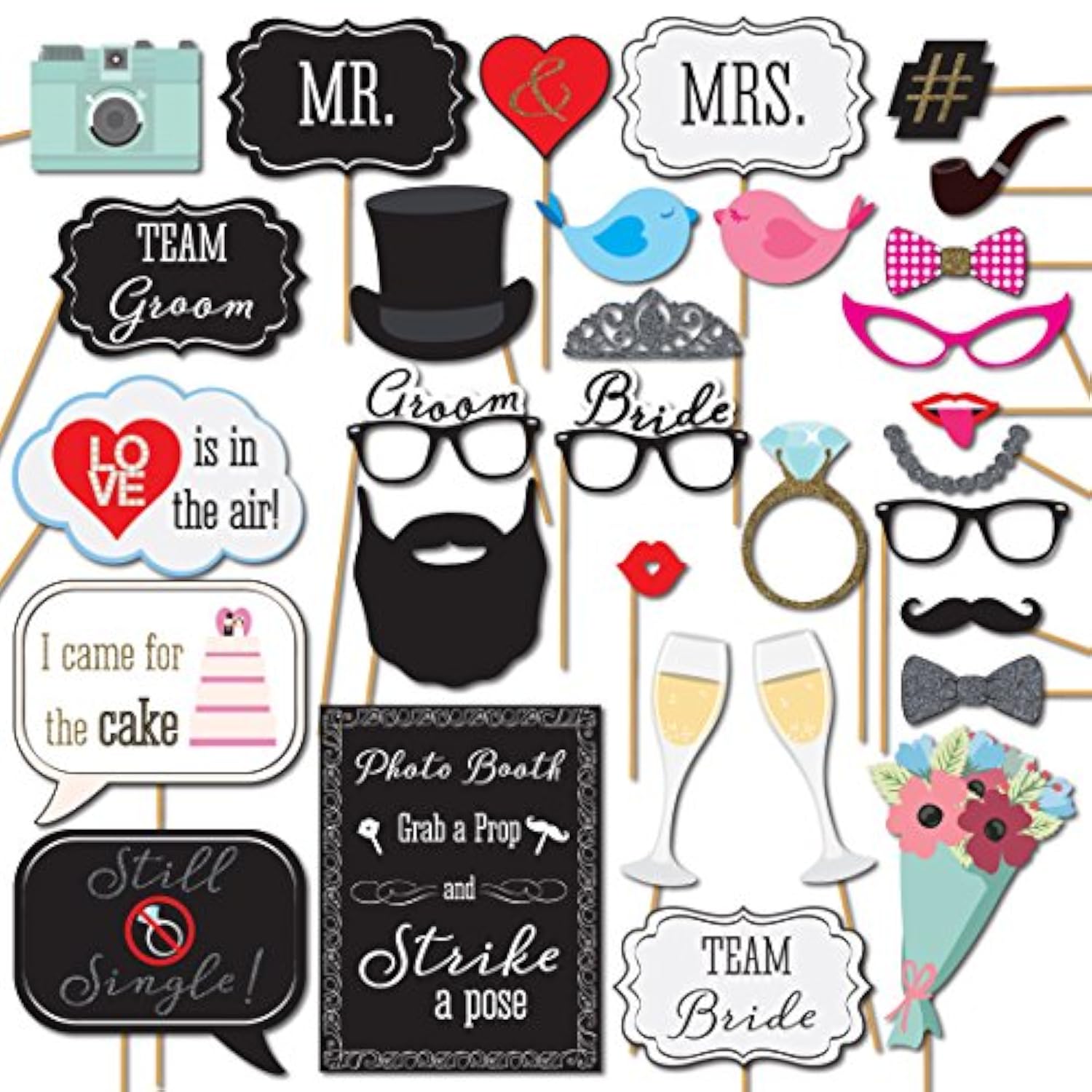Wedding Photo Booth Props With 8 X 10-Inch Sign, 45 Adhesive Pads, 35 Wooden Sticks - Signs For Wedding Backdrop And Selfie Station