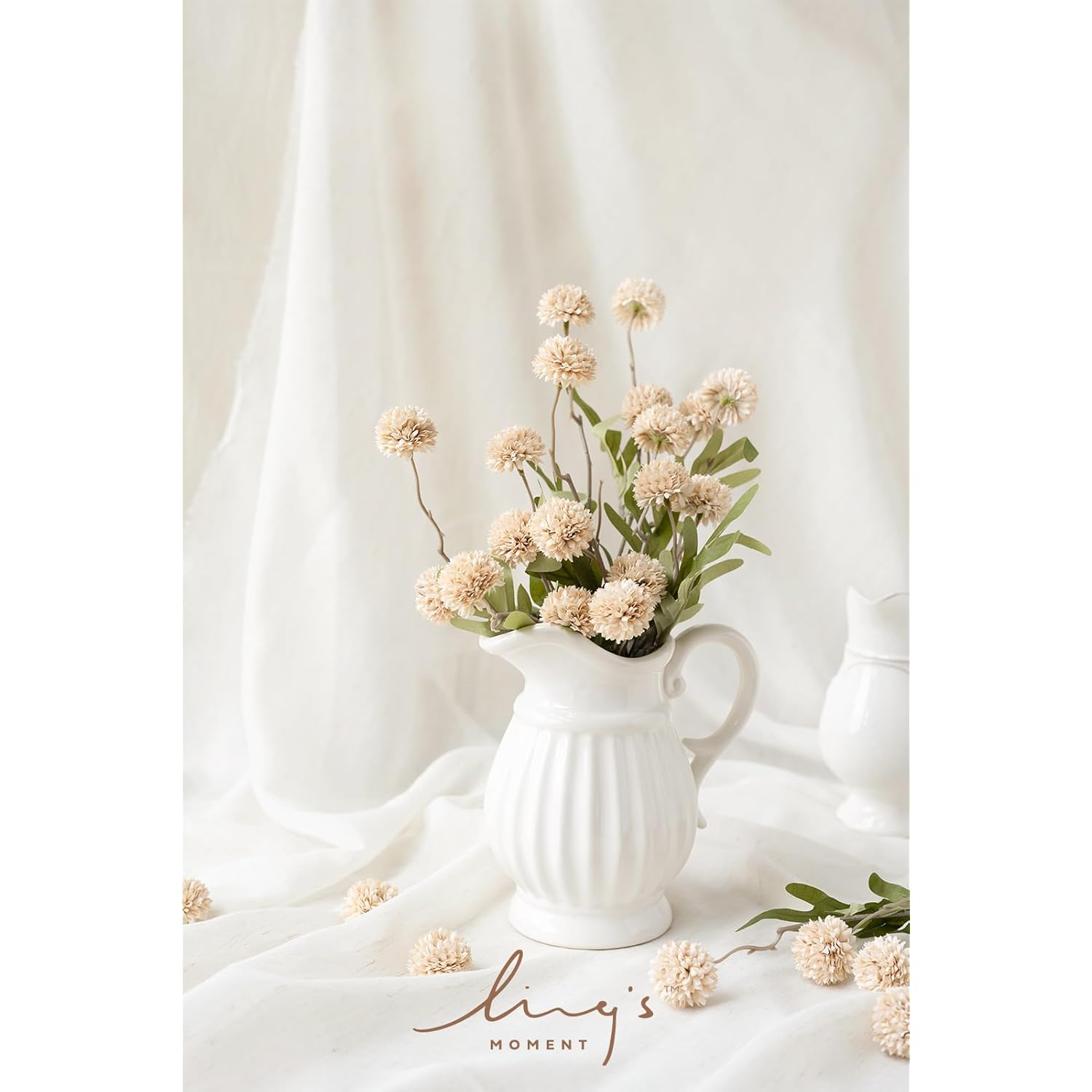 Pompon Mum Artificial Flower, 5Pcs Faux Silk Mini Chrysanth With Stems, Bulk Fake Wedding Filler Flowers For Diy Bouquet Centerpieces Arrangements Shower Decorations, Beige