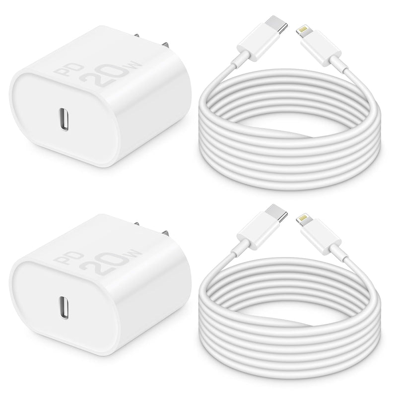 2-Pack 20W PD Fast Charger with 10FT Cable, Type-C Block for iPhone 14/13/12/11, iPad