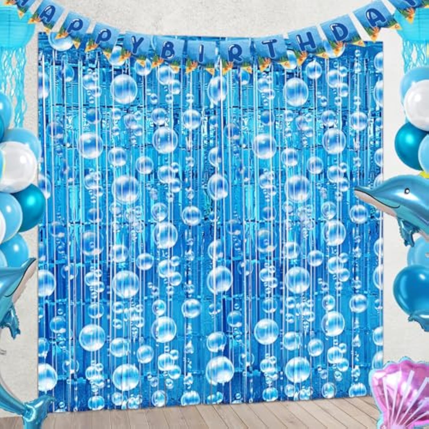 Under The Sea Party Decorations, 2 Pcs Blue Bubble Garland Streamers Tinsel Foil Fringe Curtain Backdrops For Mermaid Ocean Beach Summer Party Decorations Supplies