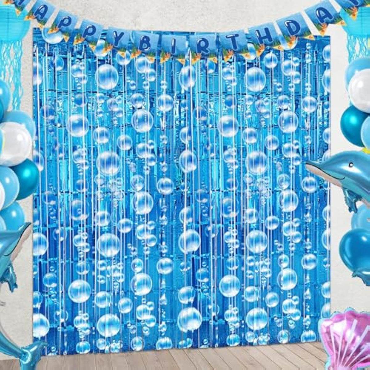 Under The Sea Party Decorations, 2 Pcs Blue Bubble Garland Streamers Tinsel Foil Fringe Curtain Backdrops For Mermaid Ocean Beach Summer Party Decorations Supplies