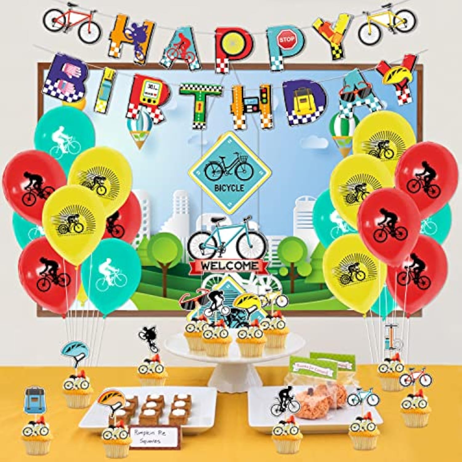Bike Birthday Party Decorations Banner Cake Toppers Balloons for Kids