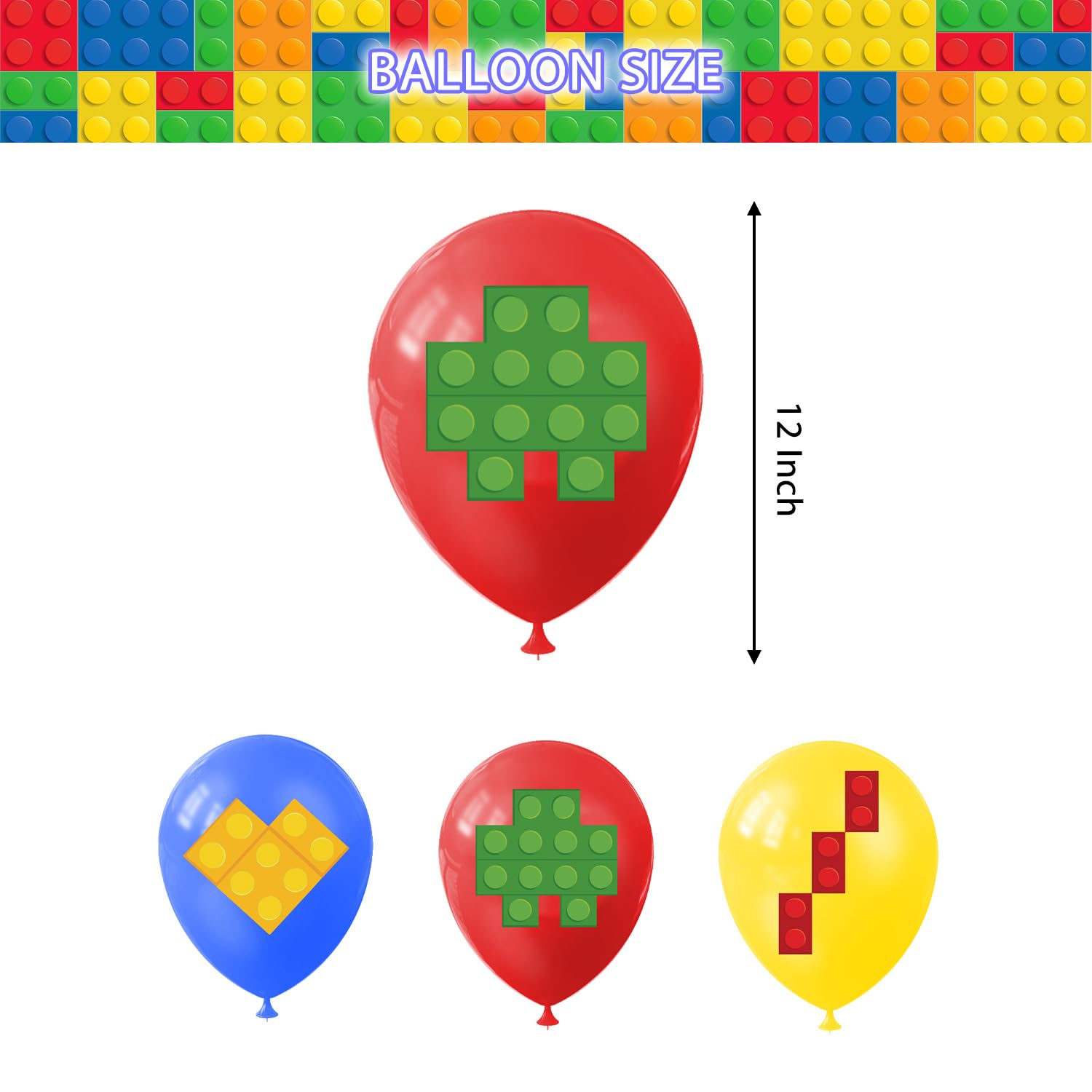 18Pcs Building Blocks Balloons, Latex, 12In, Red, Yellow, Blue, Green, White, Party Decorations, Kids Birthday Supplies