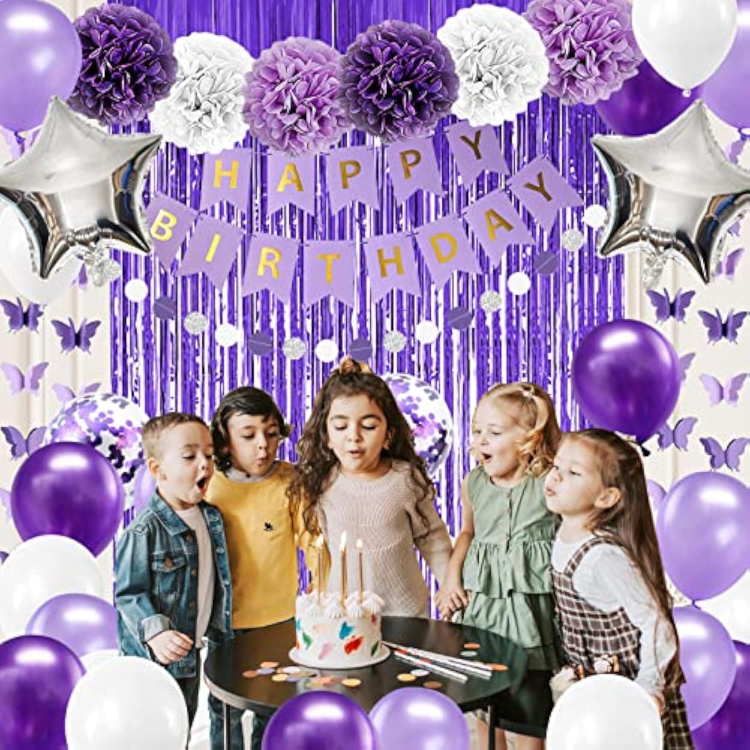 Purple Birthday Decorations For Women Girls Butterfly Hanging Garland Purple And White Silver Lavender Party Decorations Set With Happy Birthday Banner Foil Background Pompom Flower