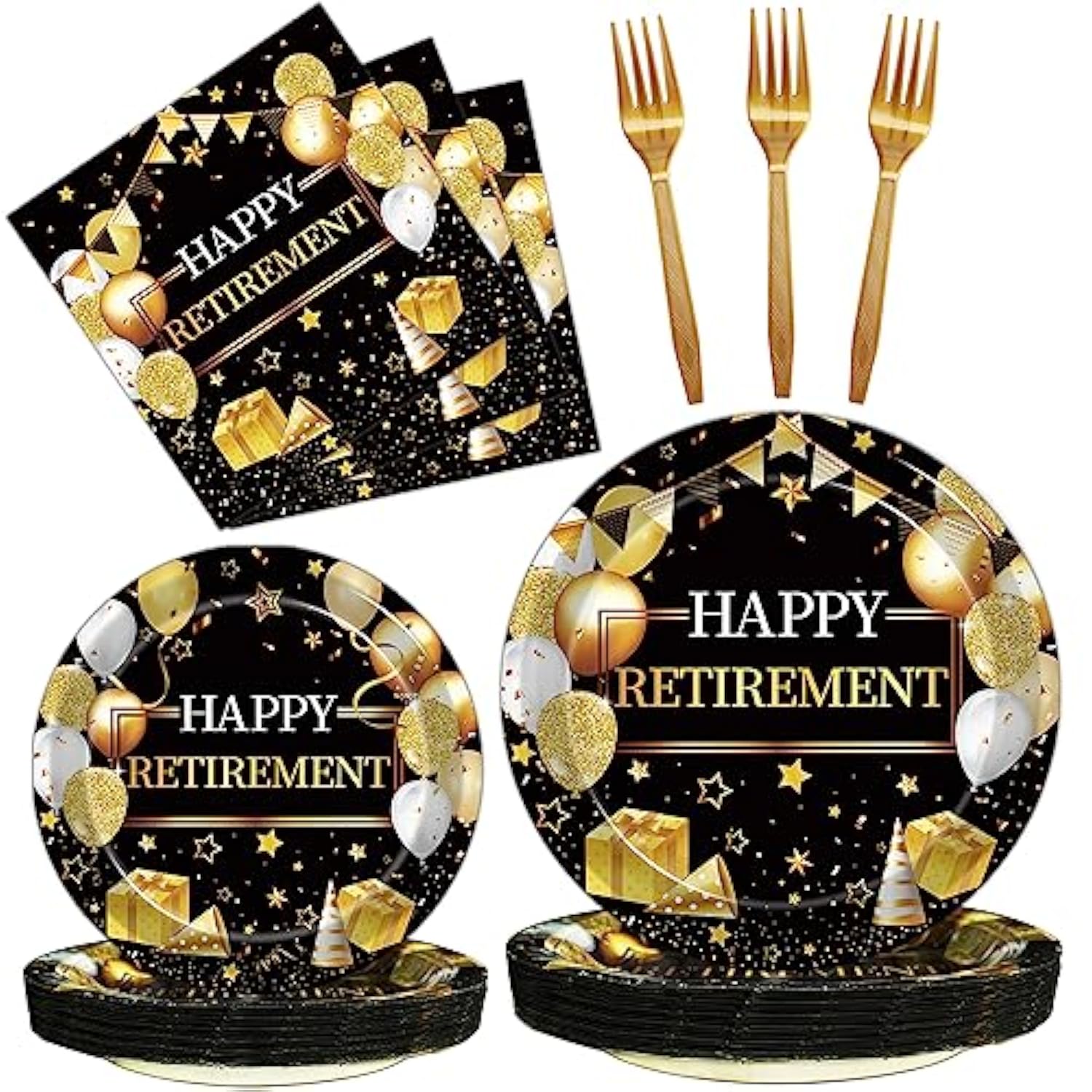 96-Piece Retirement Party Tableware Set – Gold & Black Disposable Plates and Napkins for 24