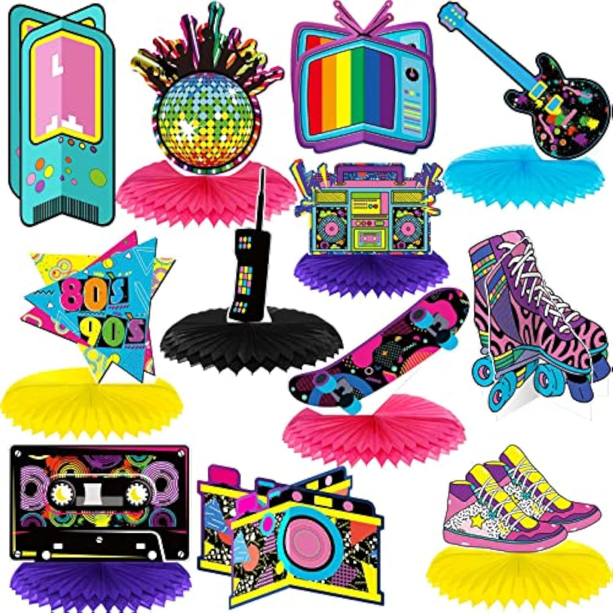 80s 90s Party Honeycomb Centerpieces: Retro Hip Hop Decorations - 12 Piece Set