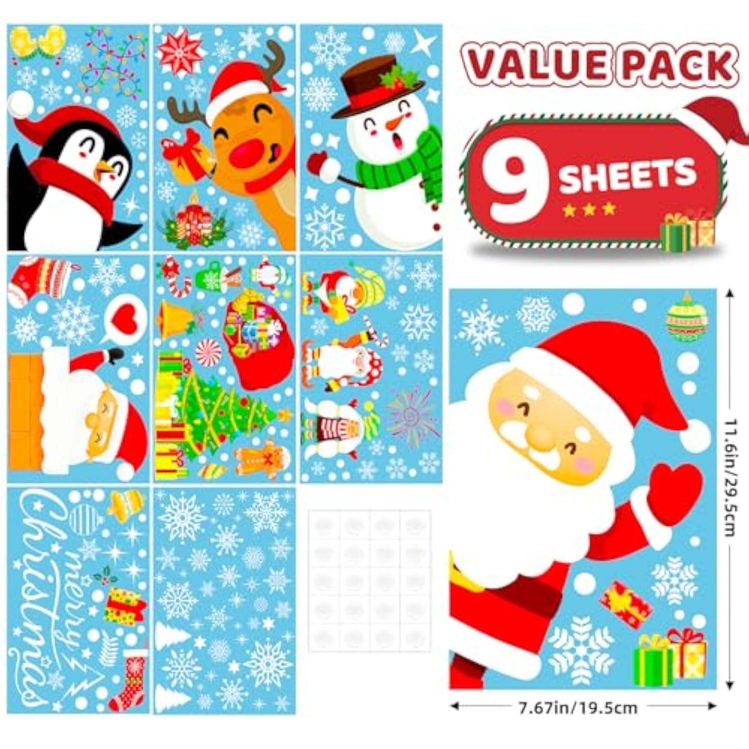 9 Sheets 200+ Christmas Window Stickers Snowflakes Santa Reindeer Decals
