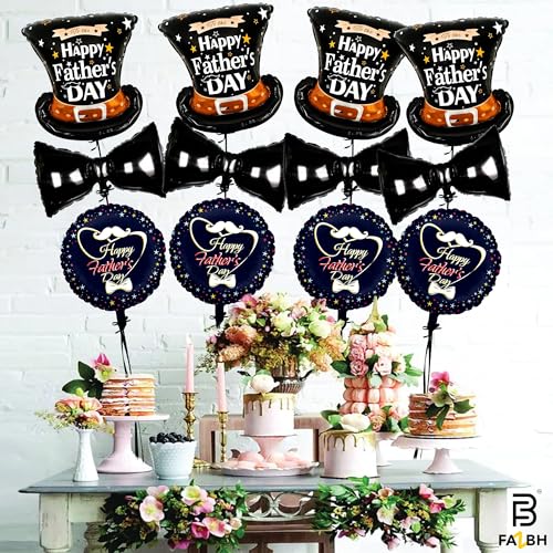 Happy Fathers Day Balloons Set - 12 Pieces | 4 Pieces Giant 31 Inch Bow Balloons | 4 Pieces 25 Inch Hat Balloon | 4 Piece 18 Inch Round Father's Day Balloon, Happy Fathers Day Decorations for Party