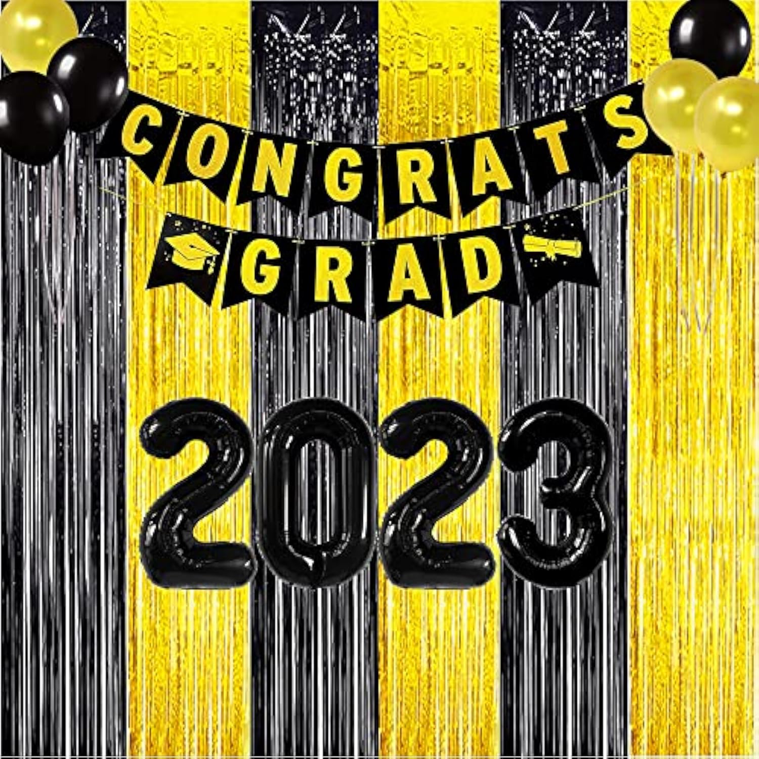 3-Pack Black Gold Fringe Backdrop Curtains for Party and Photo Booth Decor
