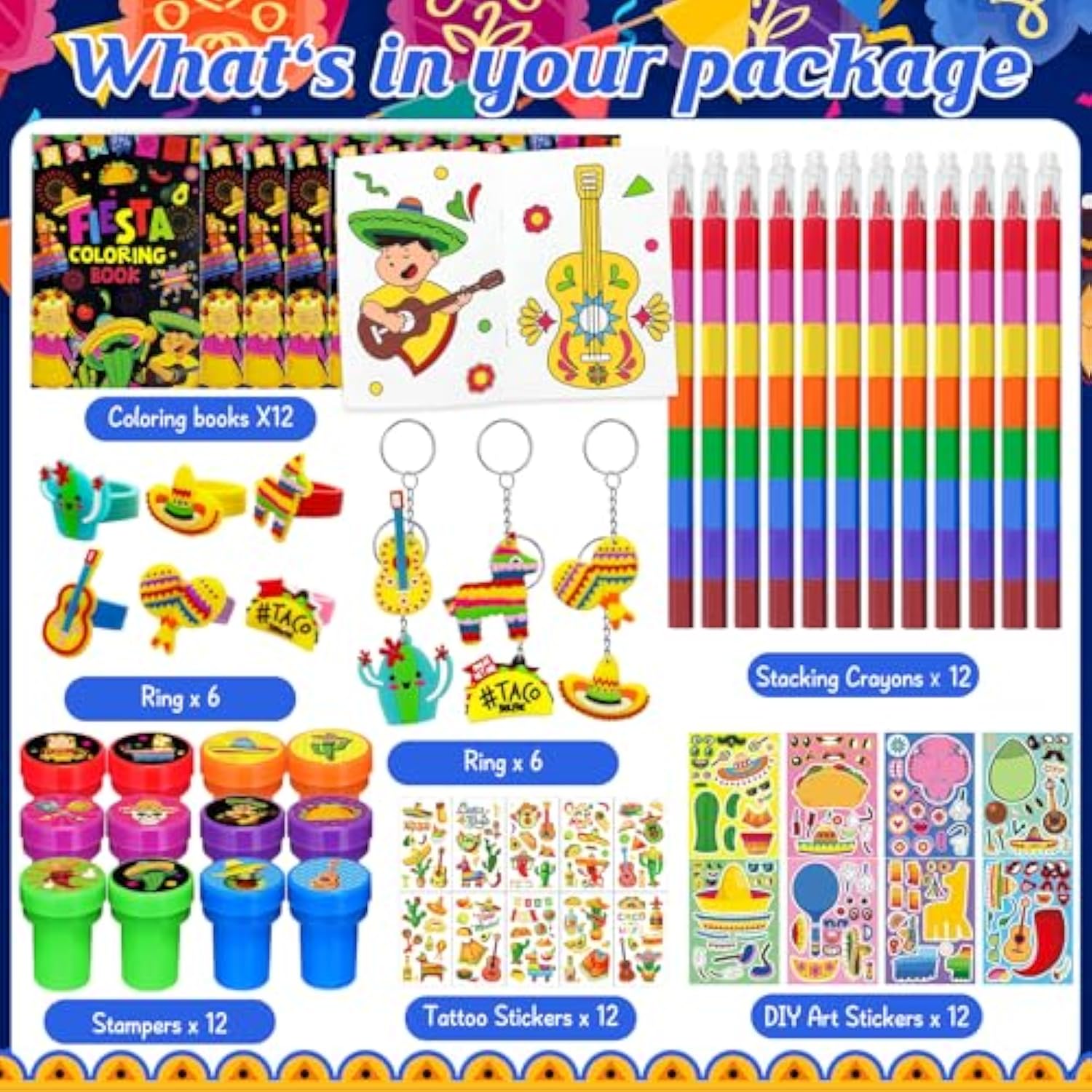 72 Pcs Mexican Fiesta Party Favors, Coloring Books & Crayons Set, Cinco De Mayo Pinata Goodie Bag Fillers, Day Of The Dead Craft Kit, Stickers, Tattoos For Taco Party & Holiday Celebrations