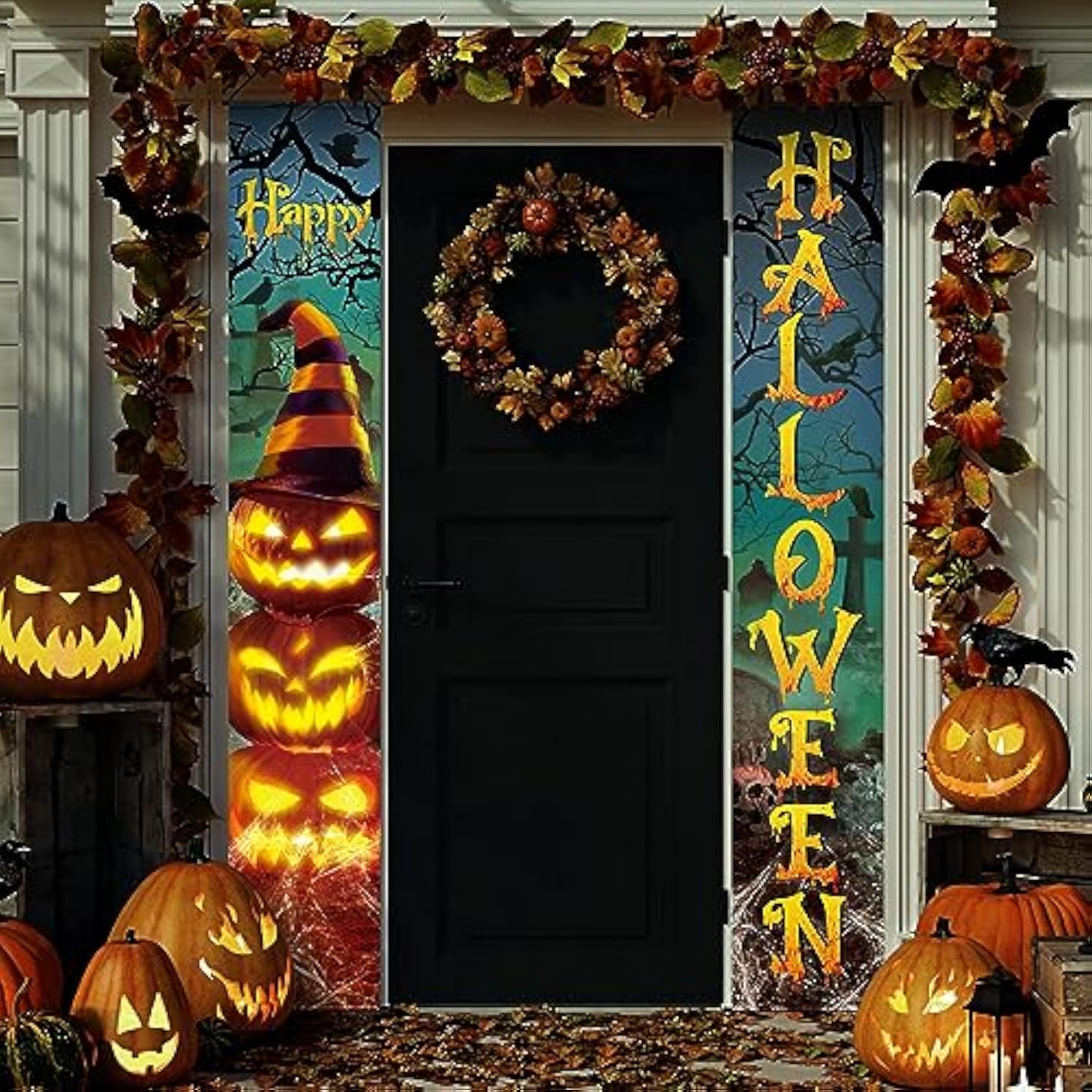 2-Piece Halloween Door Banners Evil Pumpkin Witch Hats Front Door Wall Porch Decor
