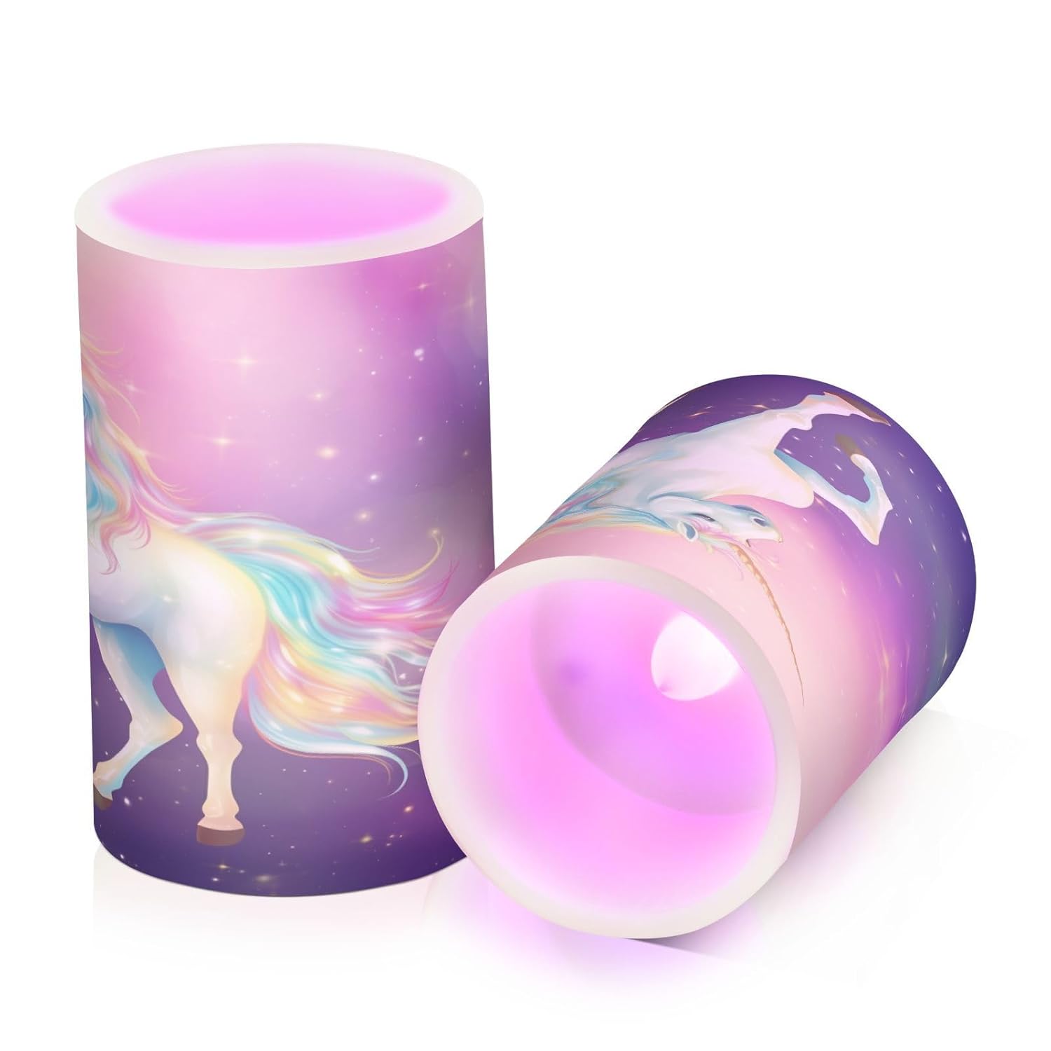 Lights Flameless Candles Rainbow Fairy Unicorn Stars Pillar Candles Set Of 2 Battery Operated Remote Control Warm Lights Home Decor