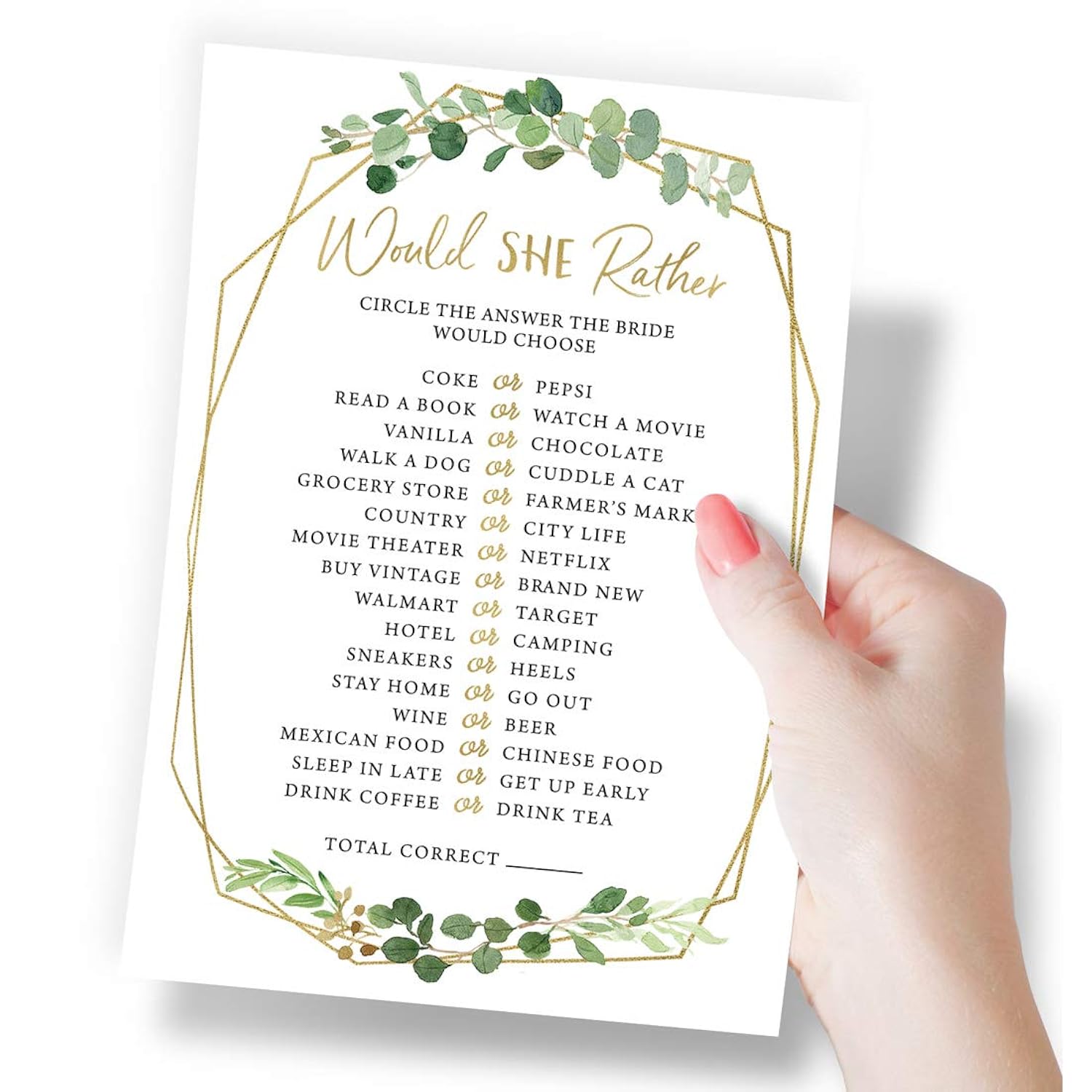 Bridal Shower Games – Would She Rather Game With Fun Bride-To-Be Trivia, Wedding Shower Activity, Botanical Greenery Theme, 50 Guests