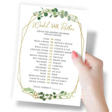 Bridal Shower Games – Would She Rather Game With Fun Bride-To-Be Trivia, Wedding Shower Activity, Botanical Greenery Theme, 50 Guests
