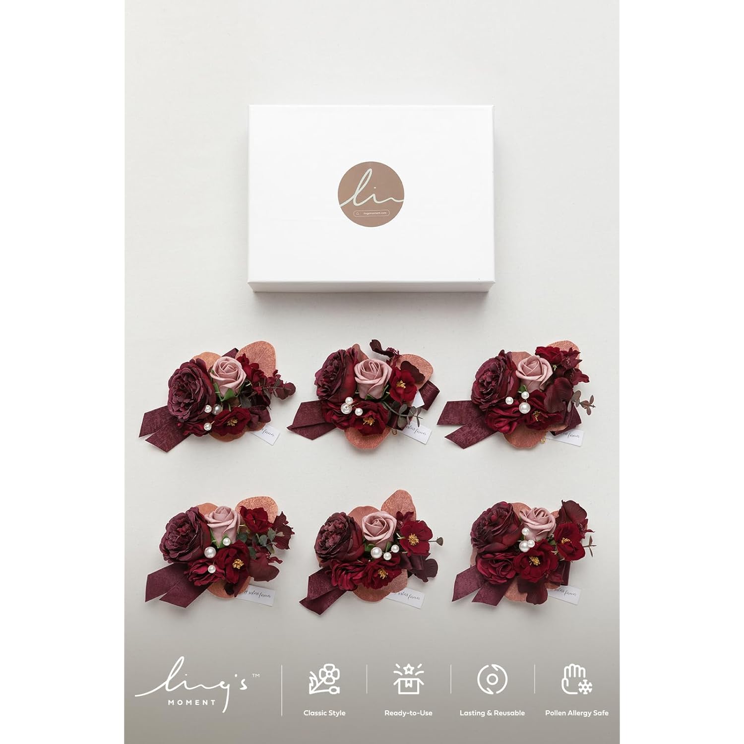 6Pcs Wedding Wrist Corsage Artificial Flowers, Girl/Mother Homecoming Prom Corsages Wristlet Décor, Etc. Burgundy Dusty Rose