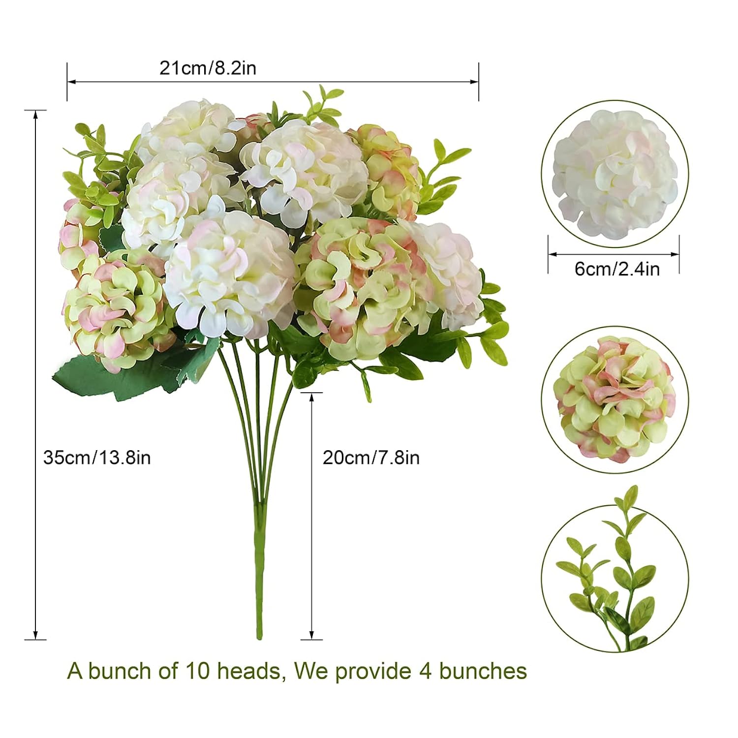 4 Bundles Small Hydrangea Artificial Flowers, Silk Fake Flower Bouquet For Wedding Party Home Decor.(White & Green)