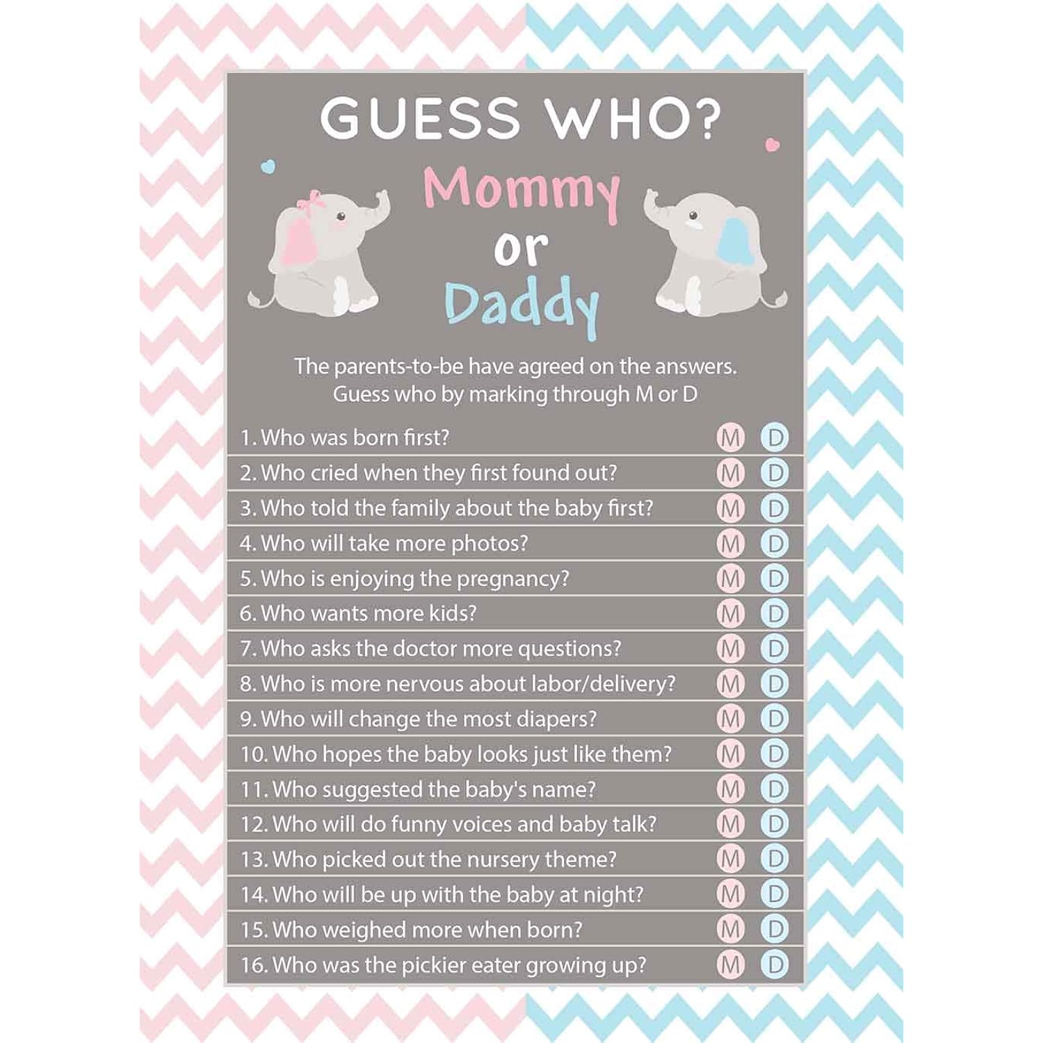Baby Shower Game 5X7 Inches Set Of 25 (Blue Elephant, Mom Or Dad)