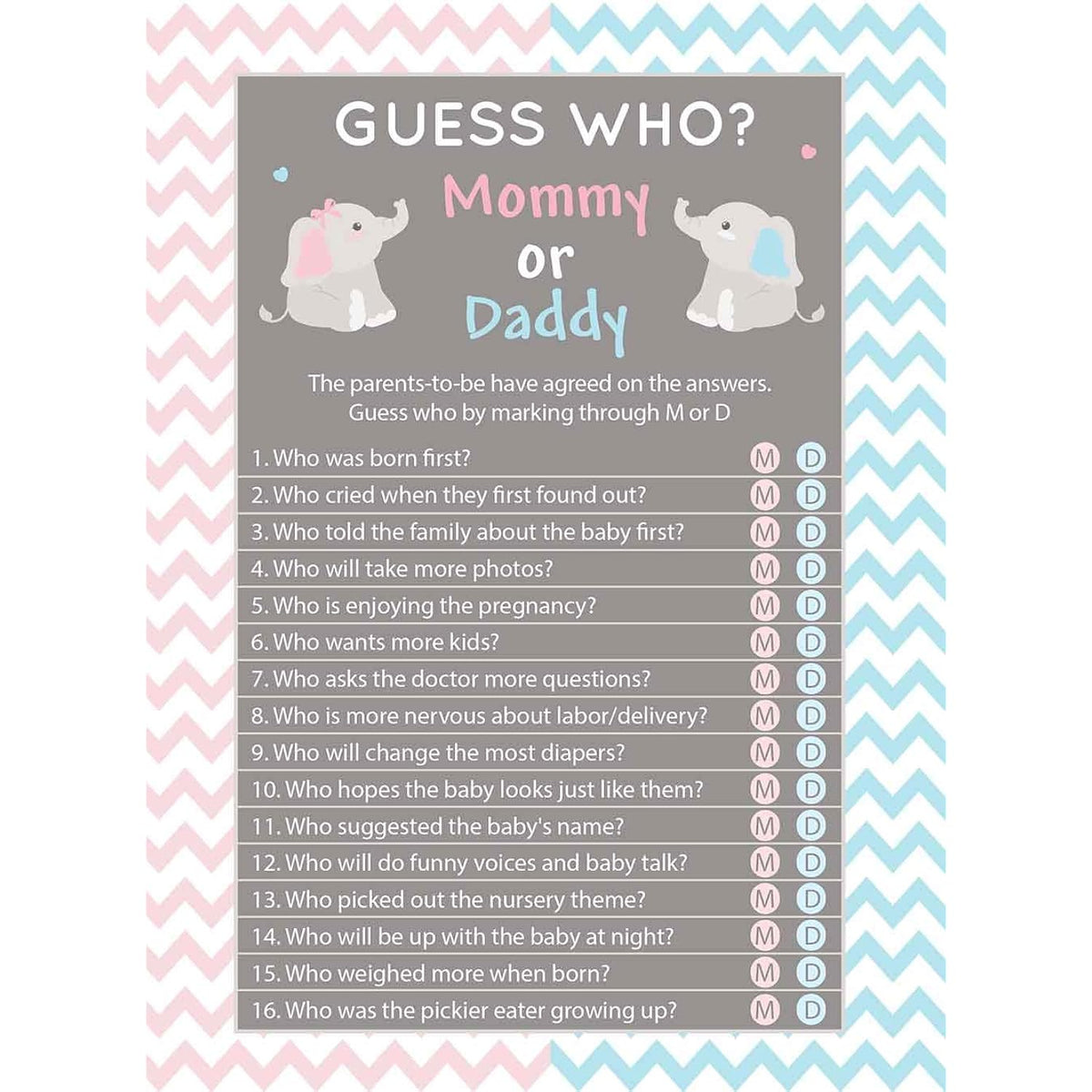 Baby Shower Game 5X7 Inches Set Of 25 (Blue Elephant, Mom Or Dad)