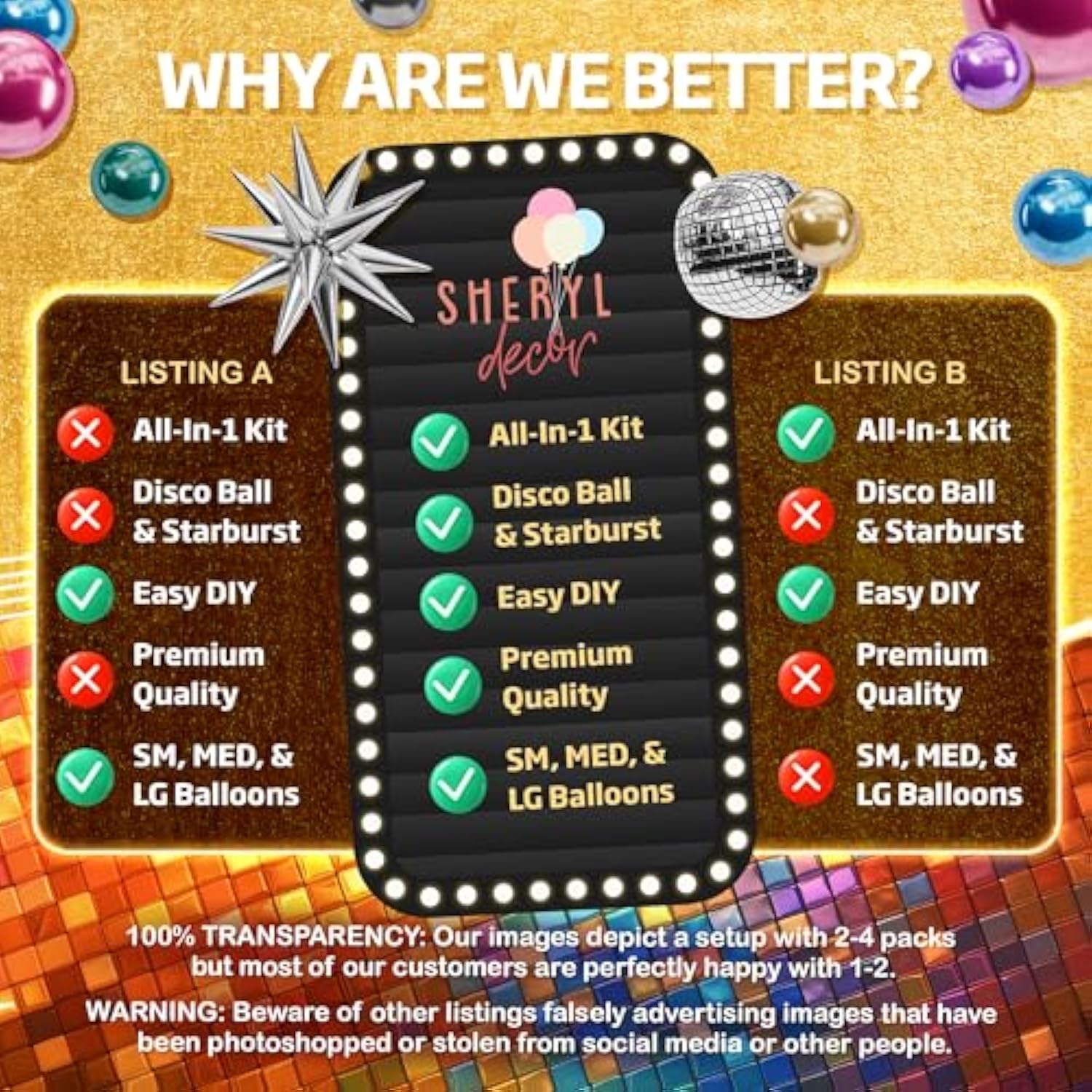 All-In-1 Disco Balloon Arch Kit With Bonus Disco Balls & Starbursts - Metallic Balloon Arch Kit For 90S Themed Party Decorations - Chrome Balloons, Metallic Balloons For Prom, Karaoke Party Decoration