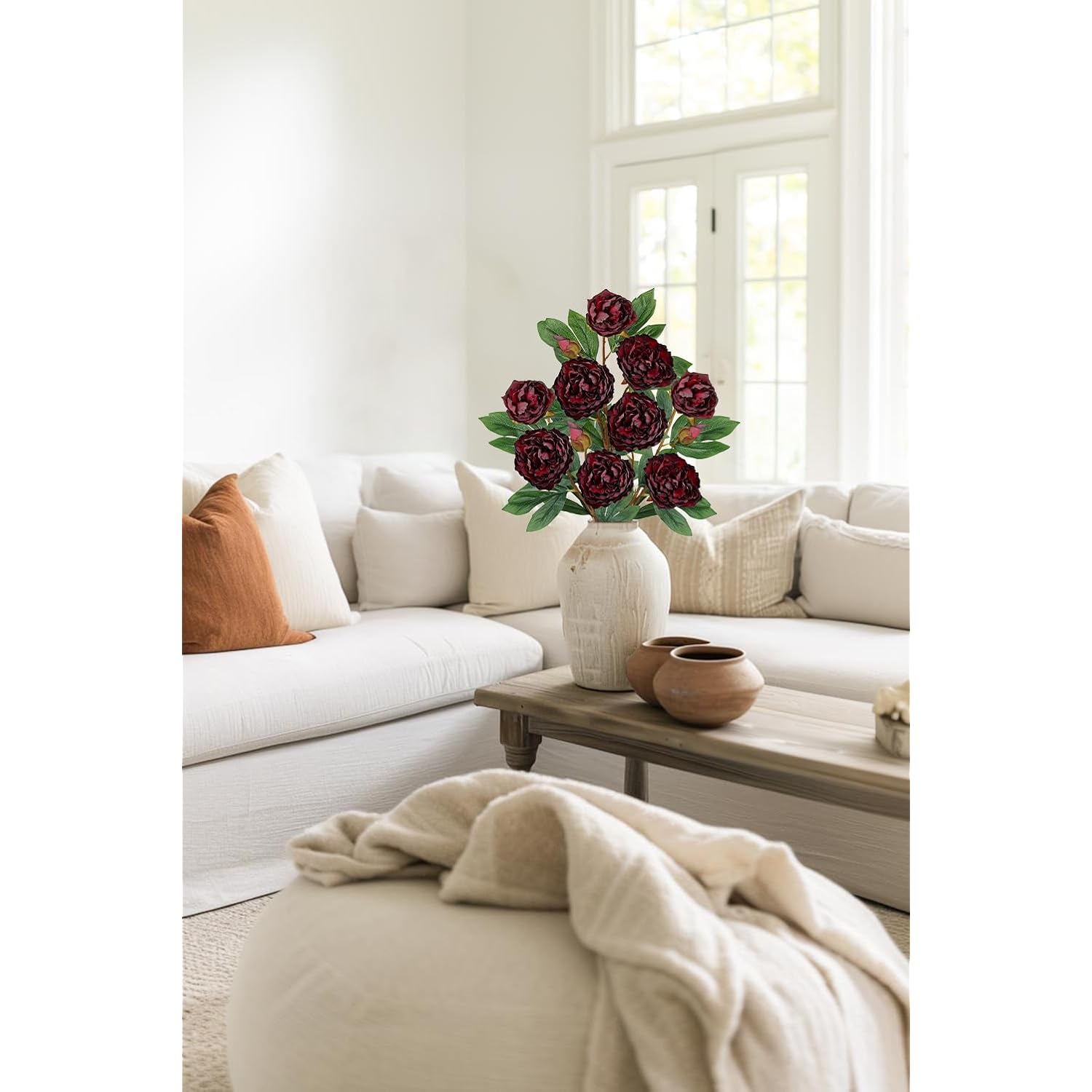 3 Pack Artificial Peony Flower 27.5" Tall Burgundy Silk Peonies Floral Stems Real Touch Faux Peony Flower For Wedding Bouquets Home Floral Arrangements Table Centerpieces Diy Décor