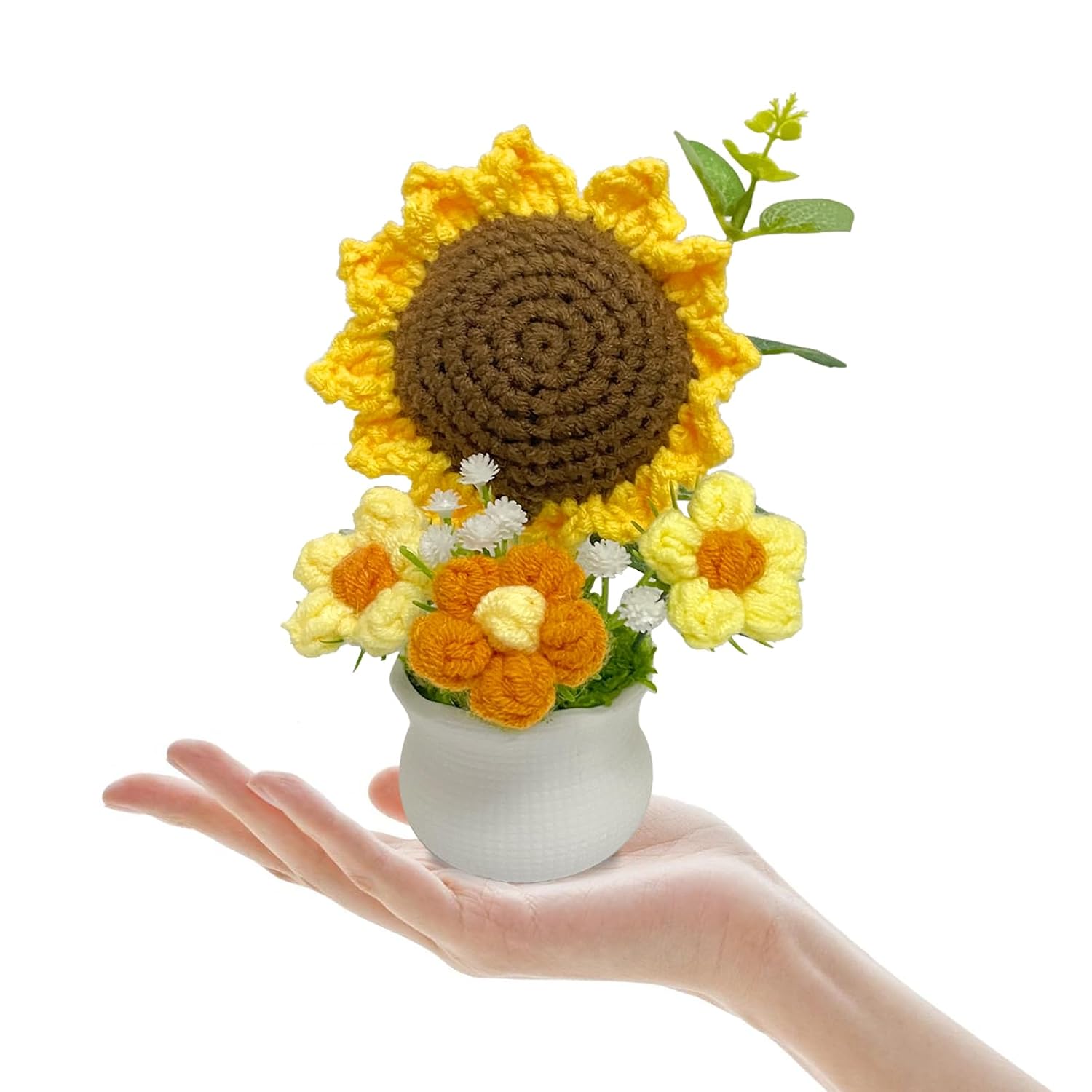 Handmade Crochet Sunflower Flower Potted Plants–Knitted Floral Decor For Office Desk, Car Dashboard, Unique Birthday Gifts For Women, Mom, Teacher (Sunflower)