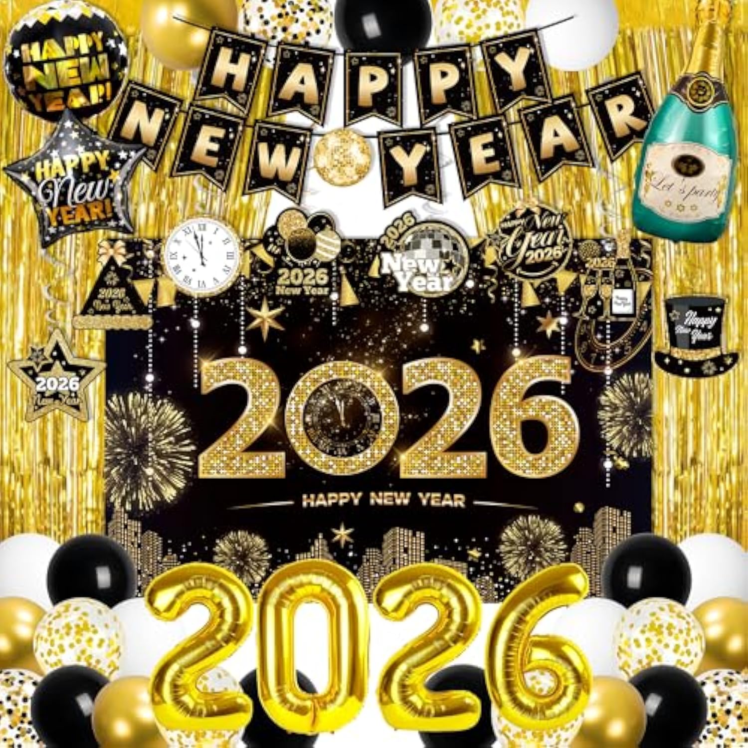 Complete 2026 Black & Gold NYE Decor Set Backdrop, Banner, Fringe & Swirls