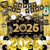 Complete 2026 Black & Gold NYE Decor Set Backdrop, Banner, Fringe & Swirls