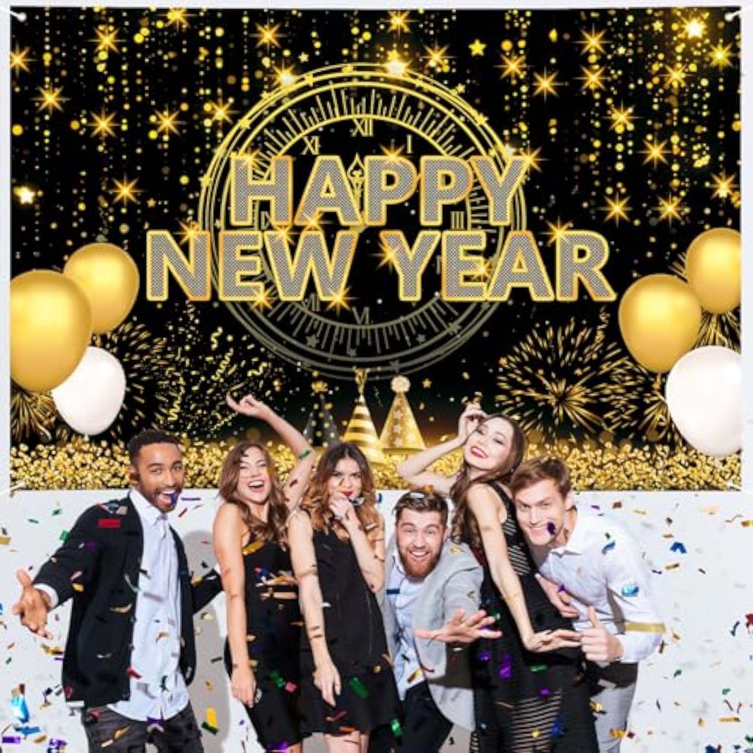 Extra Large Happy New Year Banner 72x48in Firework Balloons Party Backdrop
